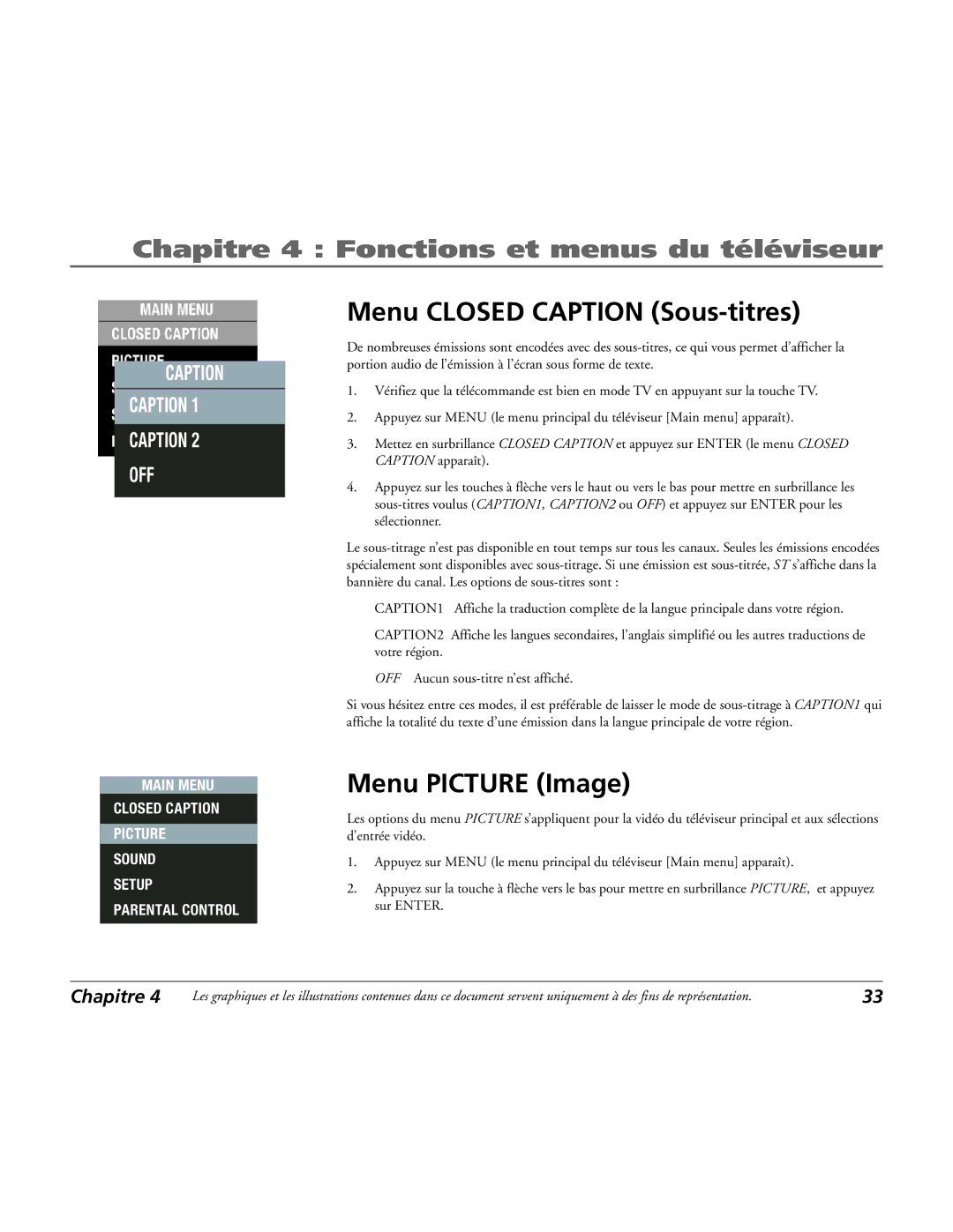 RCA 15L500TD manual Menu Closed Caption Sous-titres, Menu Picture Image 