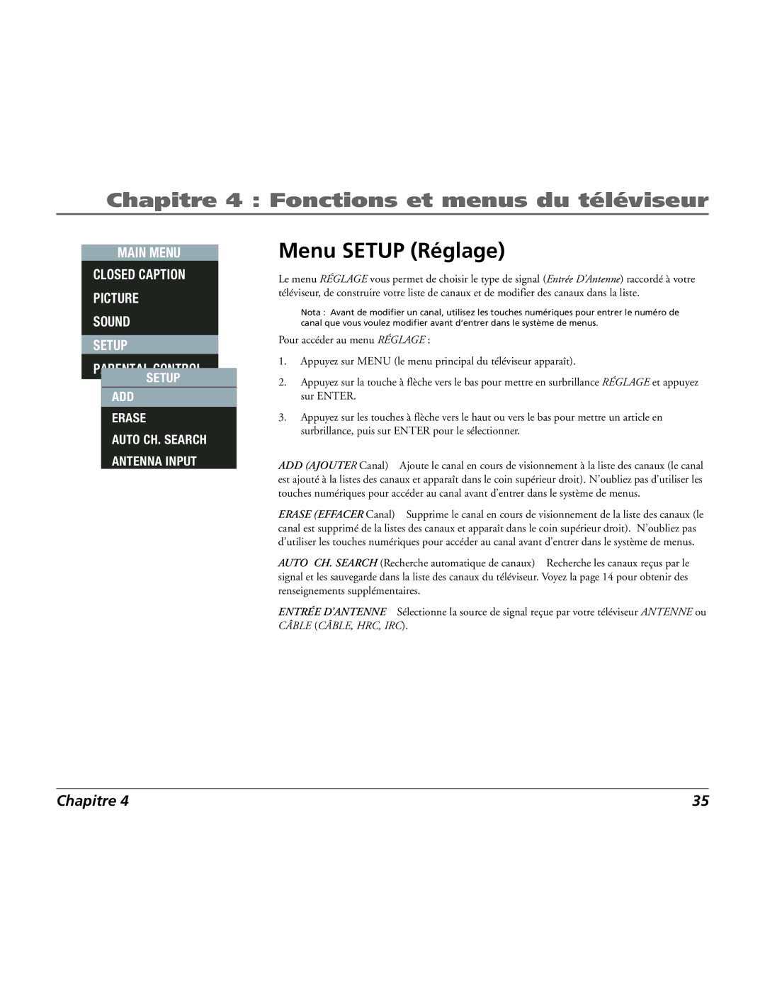 RCA 15L500TD manual Menu Setup Réglage 