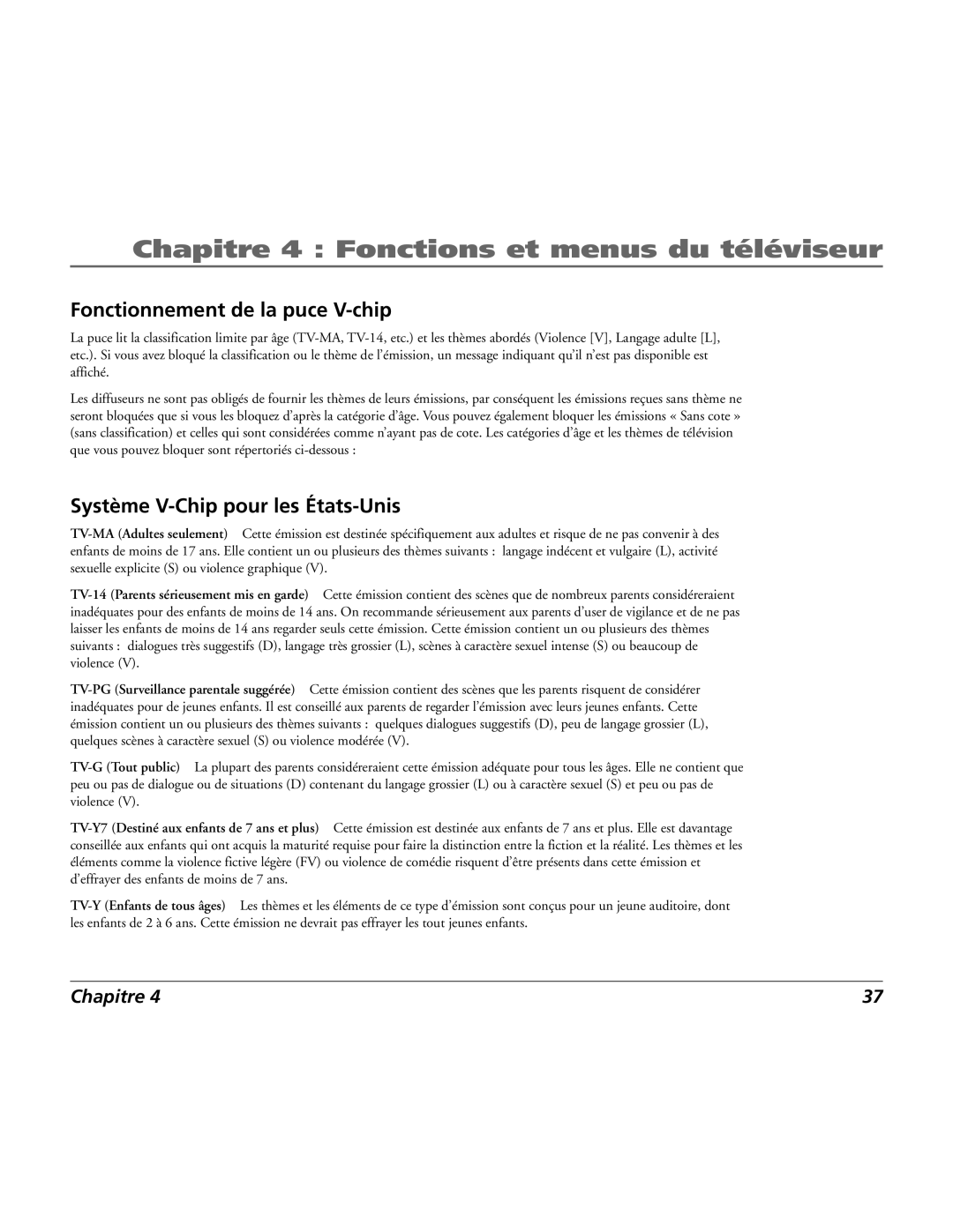 RCA 15L500TD manual Fonctionnement de la puce V-chip, Système V-Chip pour les États-Unis 