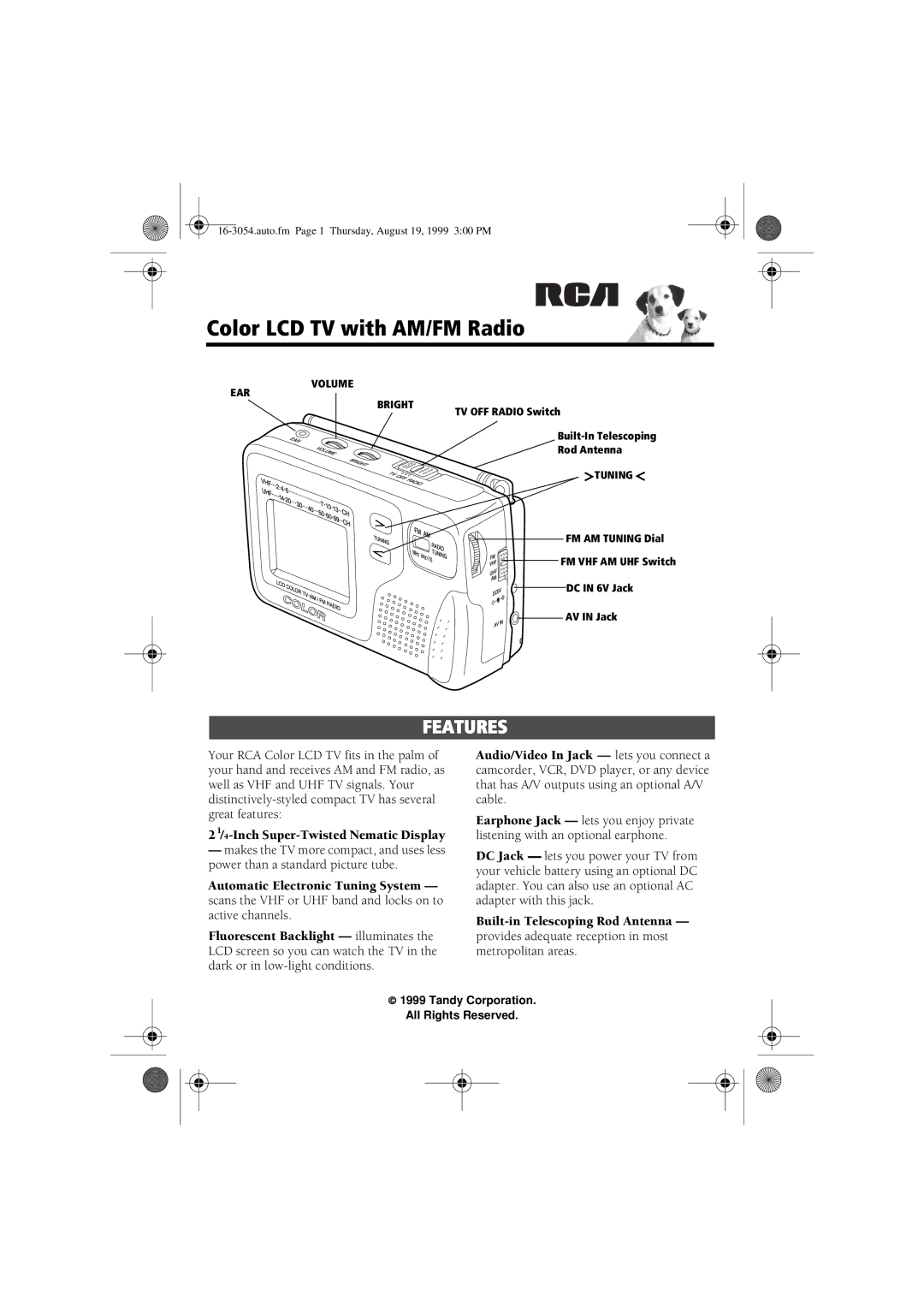 RCA 16-3054 manual Color LCD TV with AM/FM Radio, Features 