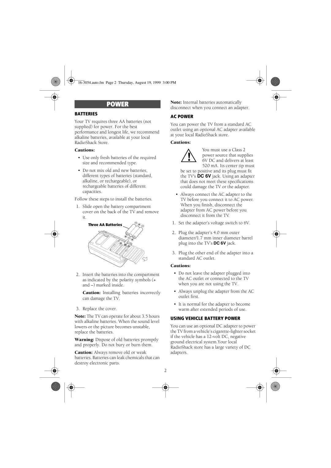 RCA 16-3054 manual Batteries, AC Power, Using Vehicle Battery Power 