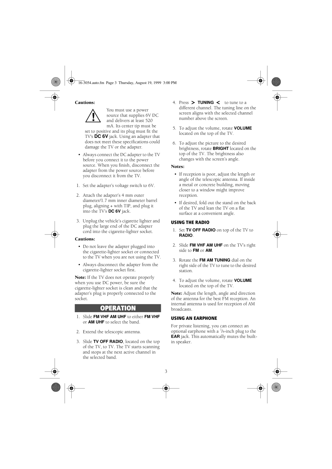 RCA 16-3054 manual Operation, Using the Radio, Using AN Earphone 