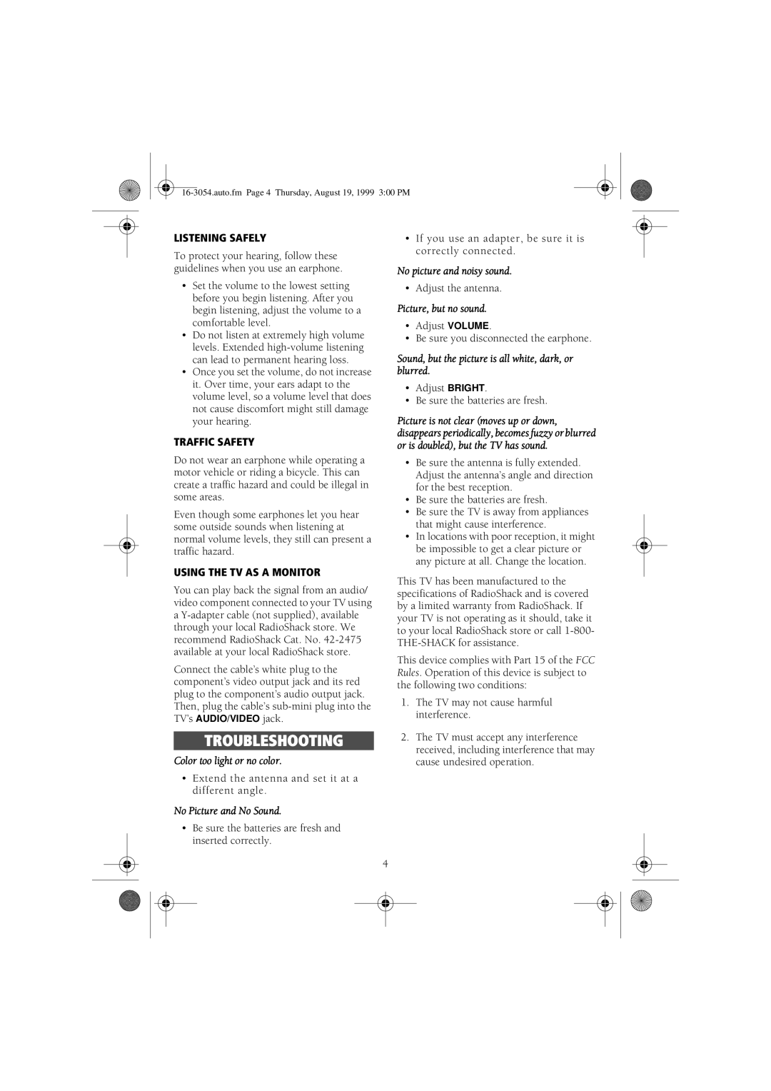 RCA 16-3054 manual Troubleshooting, Listening Safely, Traffic Safety, Using the TV AS a Monitor 