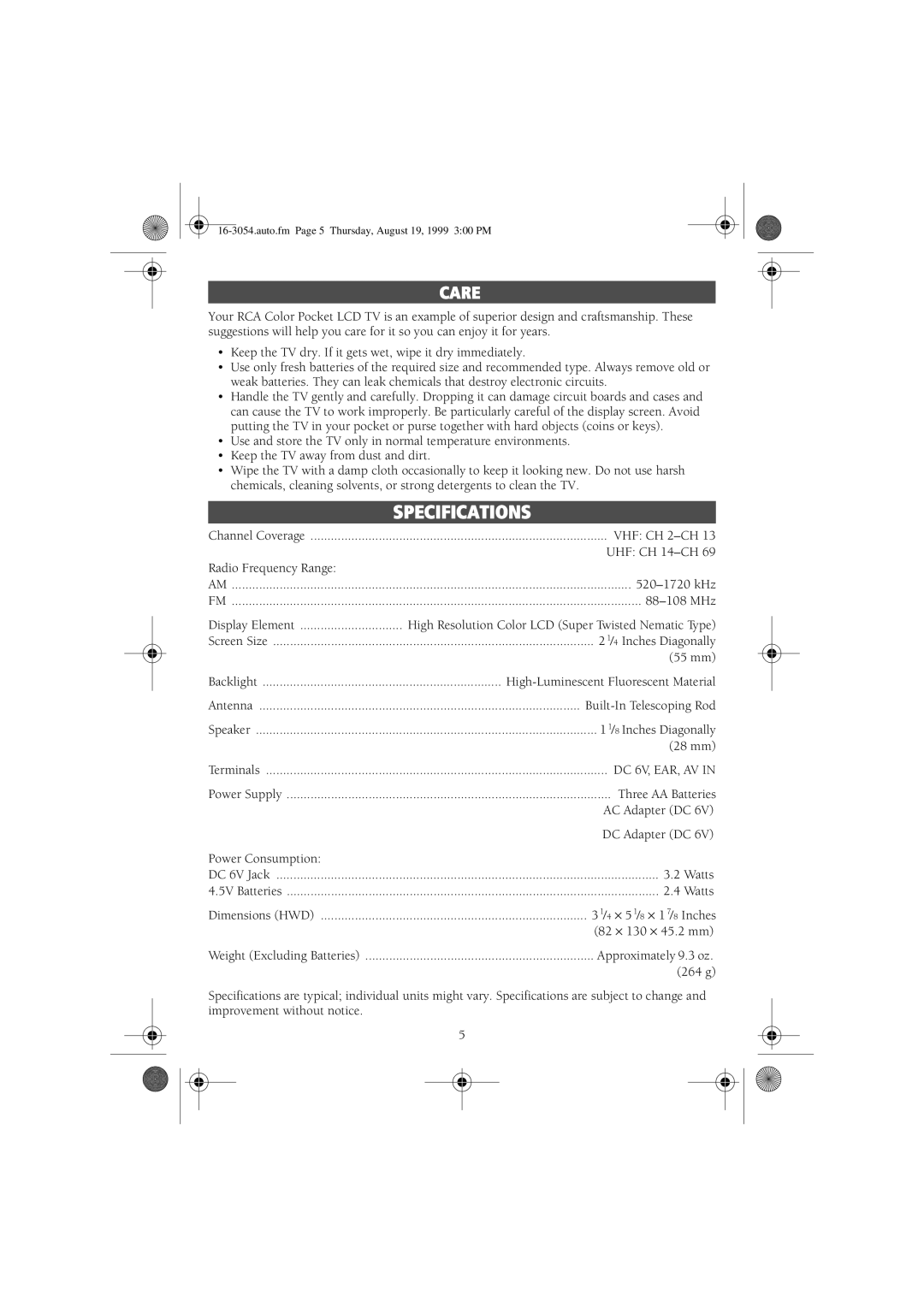 RCA 16-3054 manual Specifications, Care 