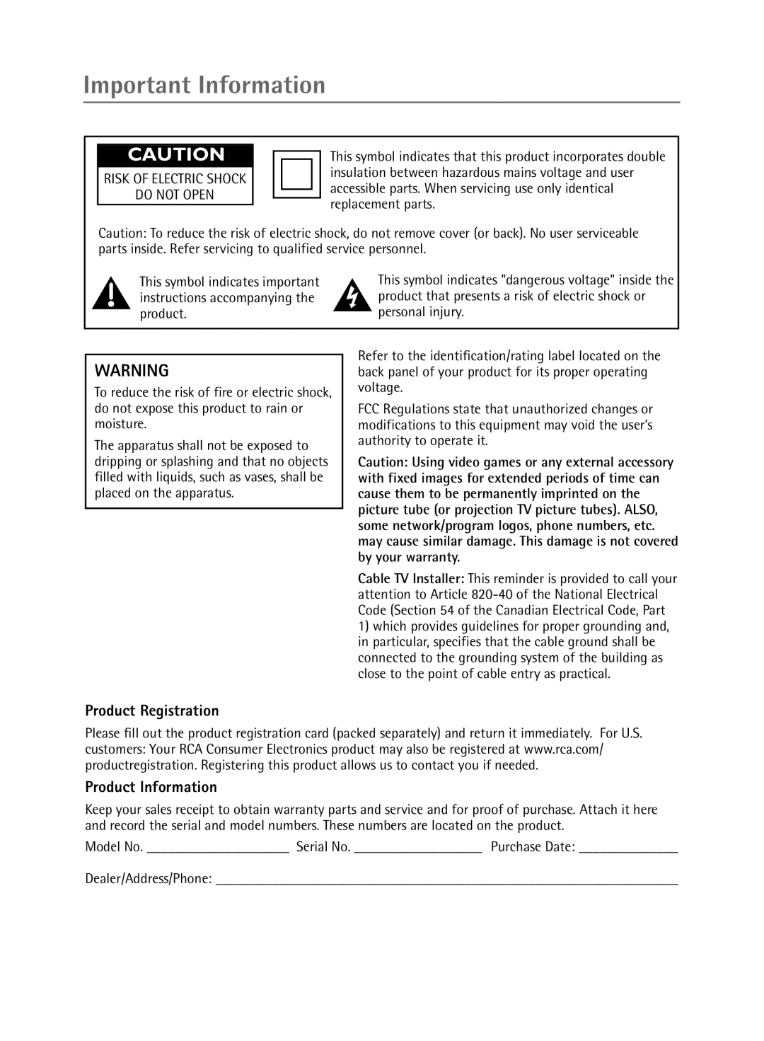 RCA 1616262A manual Important Information, Product Registration, Product Information 