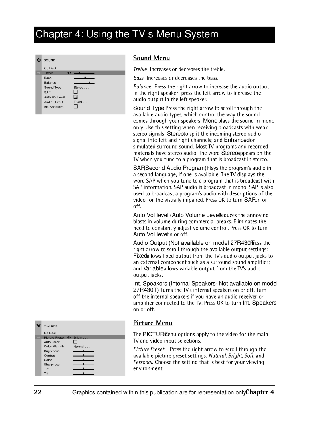 RCA 1616262A manual Sound Menu, Picture Menu 