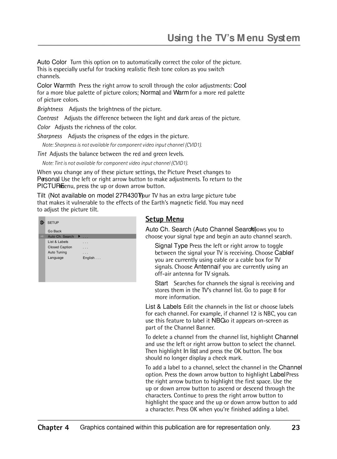 RCA 1616262A manual Using the TV’s Menu System, Setup Menu 