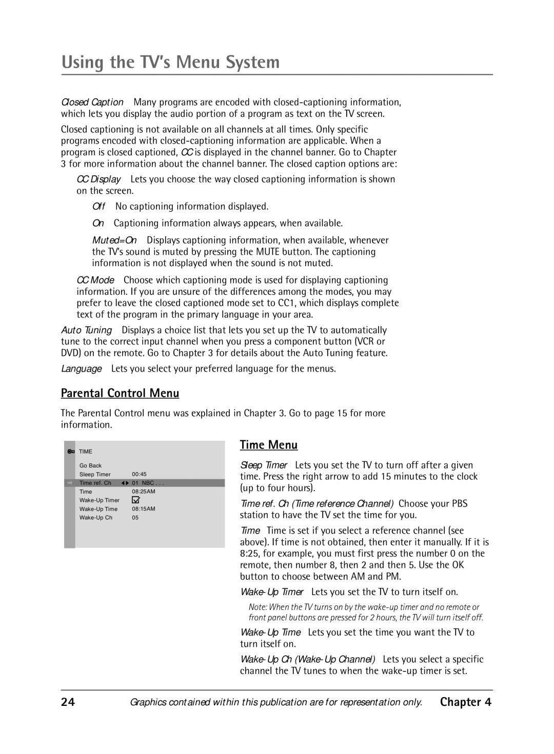 RCA 1616262A manual Parental Control Menu, Time Menu 