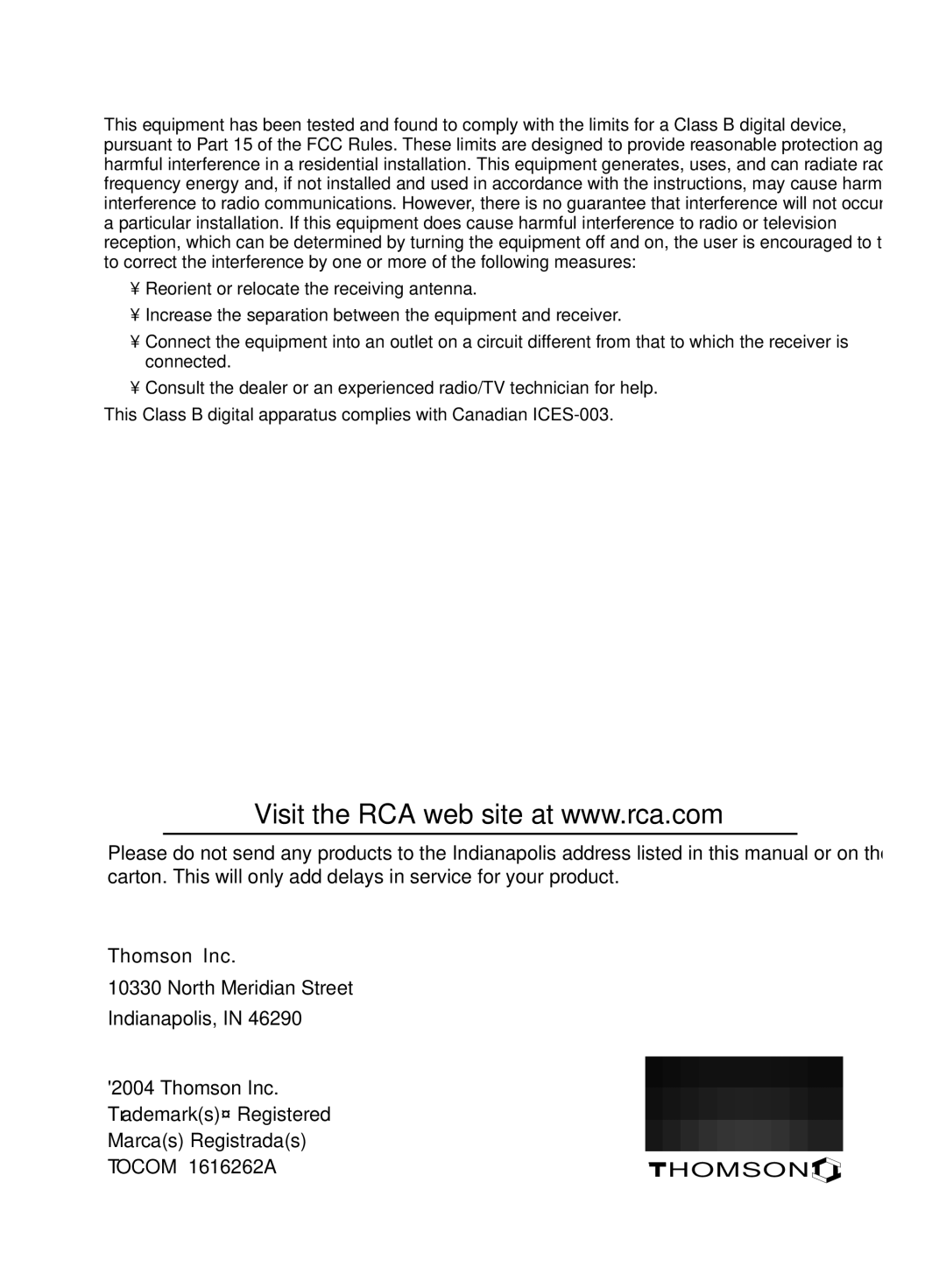 RCA manual Thomson Inc North Meridian Street Indianapolis, Tocom 1616262A 