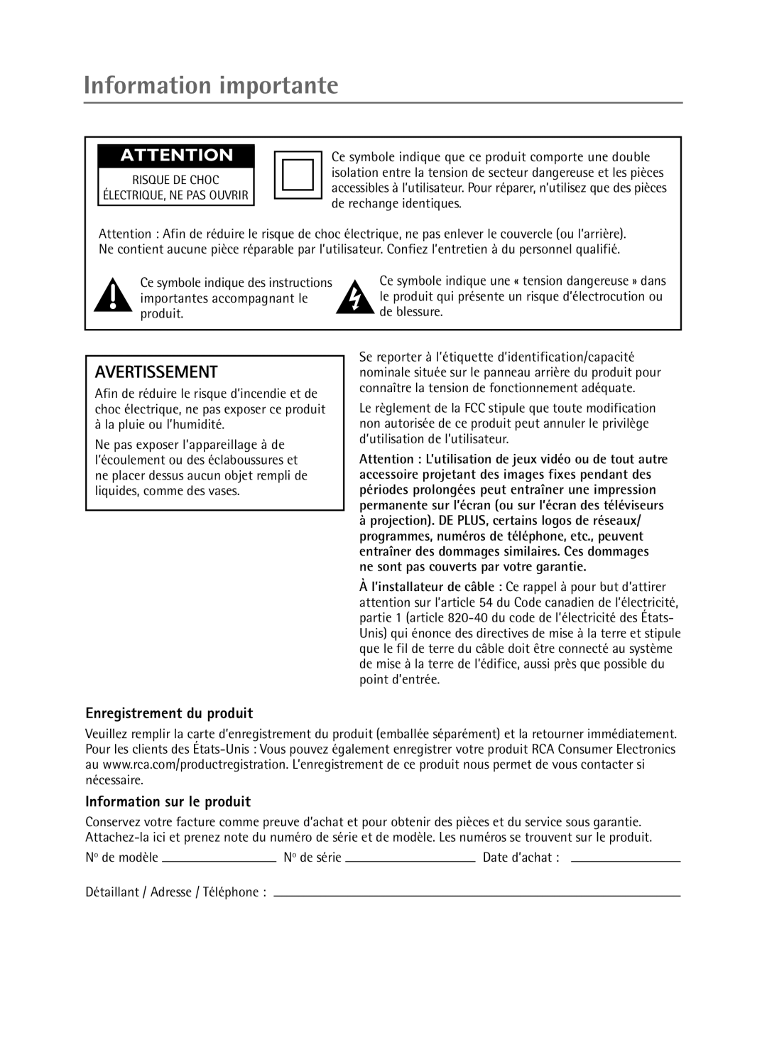 RCA 1616262A manual Information importante, Enregistrement du produit, Information sur le produit 