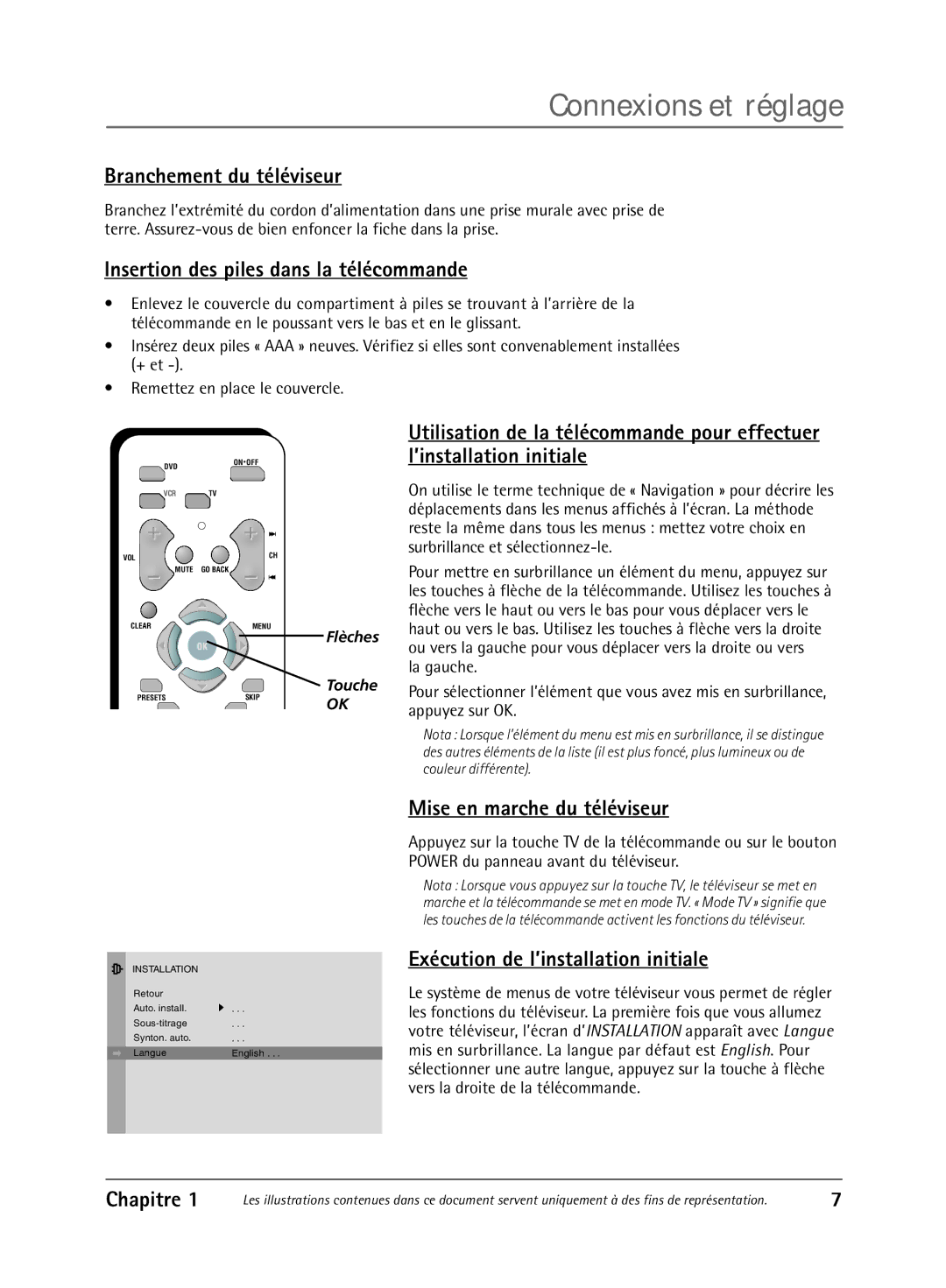 RCA 1616262A manual Branchement du tŽlŽviseur, Insertion des piles dans la tŽlŽcommande, Mise en marche du tŽlŽviseur 