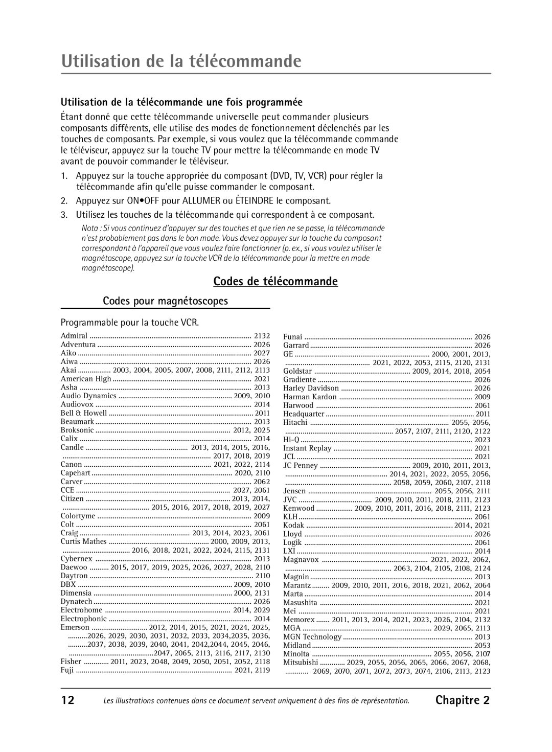 RCA 1616262A manual Codes de tŽlŽcommande, Utilisation de la tŽlŽcommande une fois programmŽe, Codes pour magnŽtoscopes 