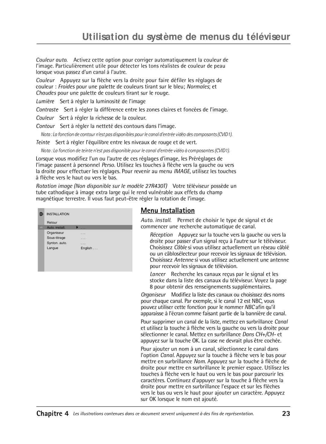 RCA 1616262A manual Utilisation du systme de menus du tŽlŽviseur, Menu Installation 