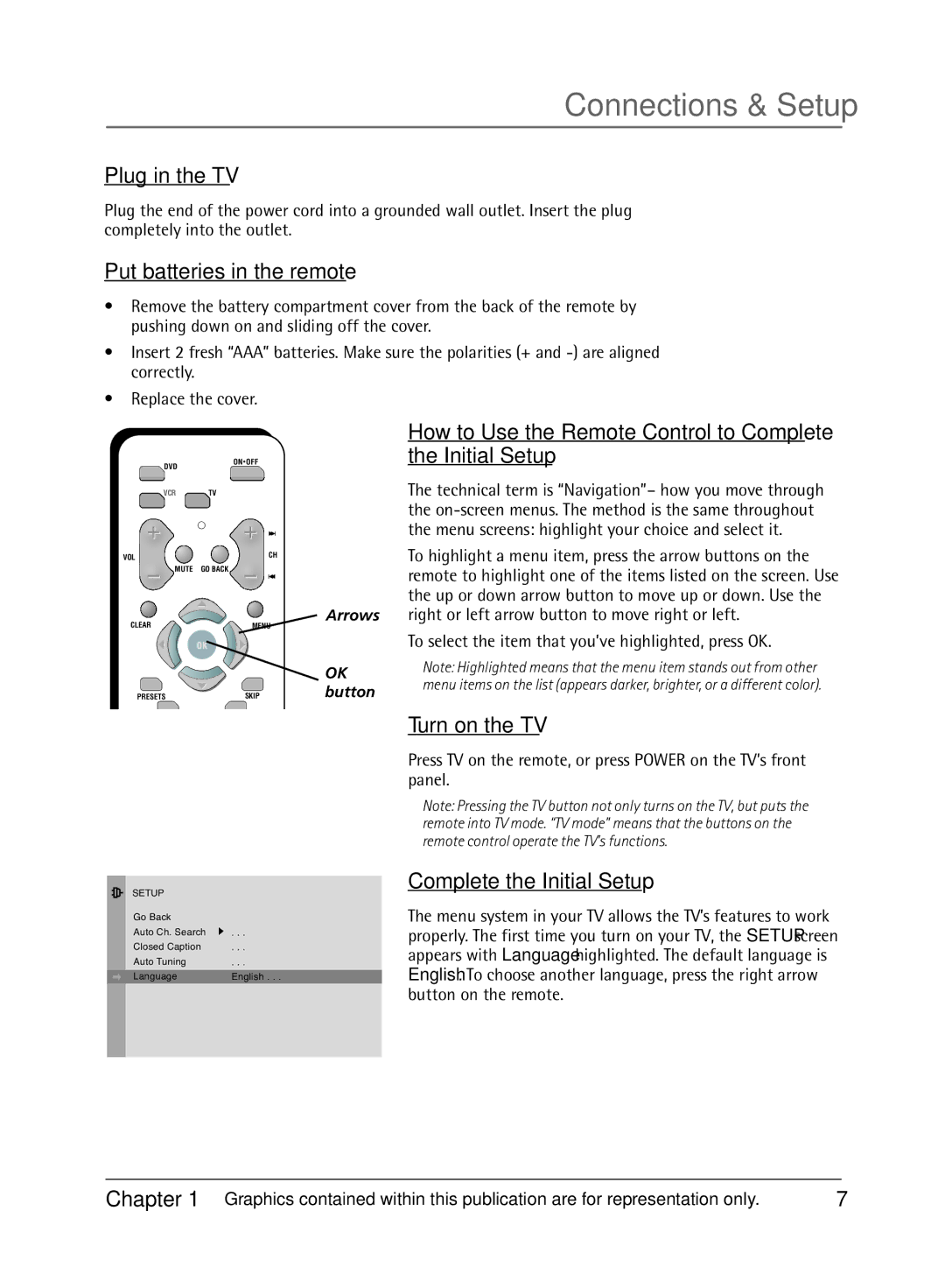 RCA 1616262A Plug in the TV, Put batteries in the remote, How to Use the Remote Control to Complete the Initial Setup 