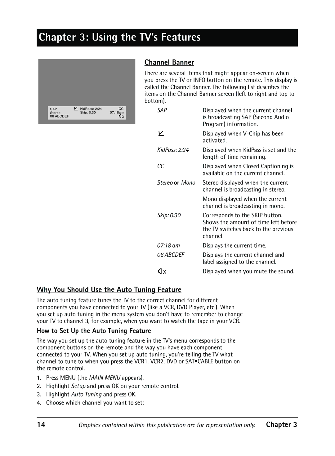 RCA 1616362B manual Using the TV’s Features, Channel Banner, Why You Should Use the Auto Tuning Feature 