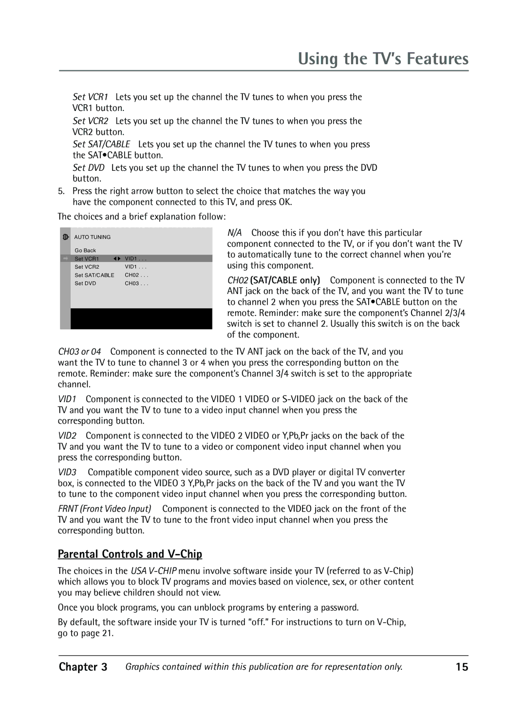 RCA 1616362B manual Using the TV’s Features, Parental Controls and V-Chip, Choices and a brief explanation follow 