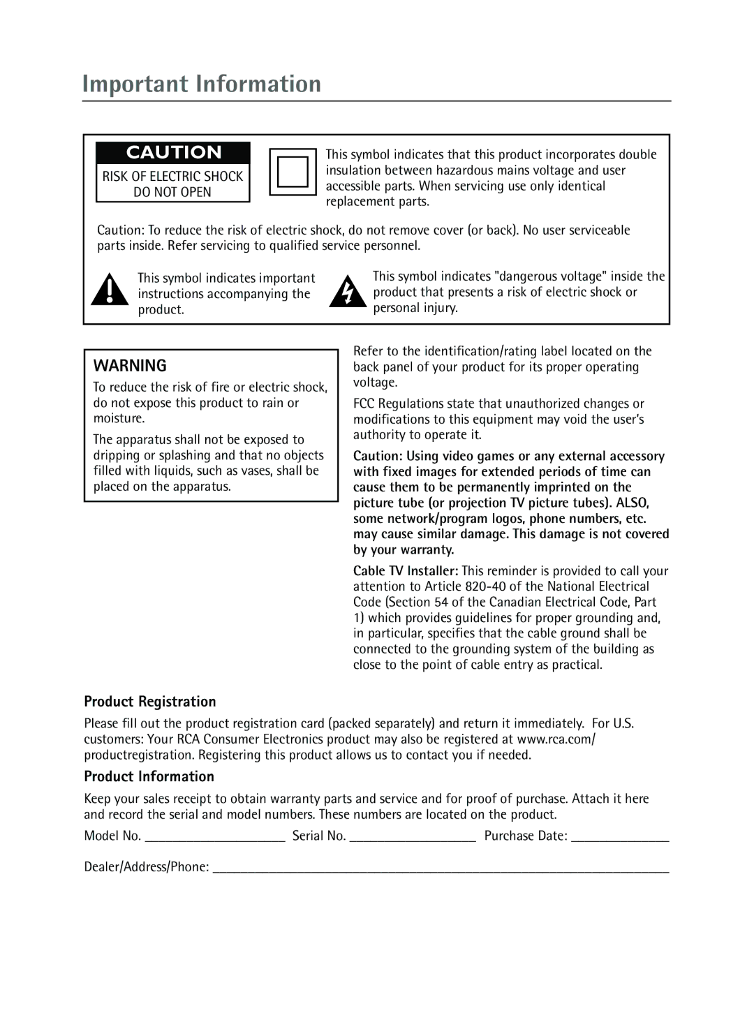 RCA 1616362B manual Important Information, Product Registration, Product Information 