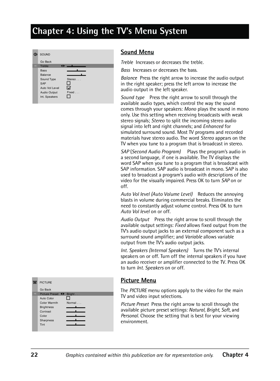 RCA 1616362B manual Using the TV’s Menu System, Sound Menu, Picture Menu 