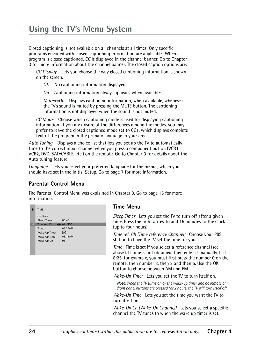 RCA 1616362B manual Parental Control Menu, Time Menu 