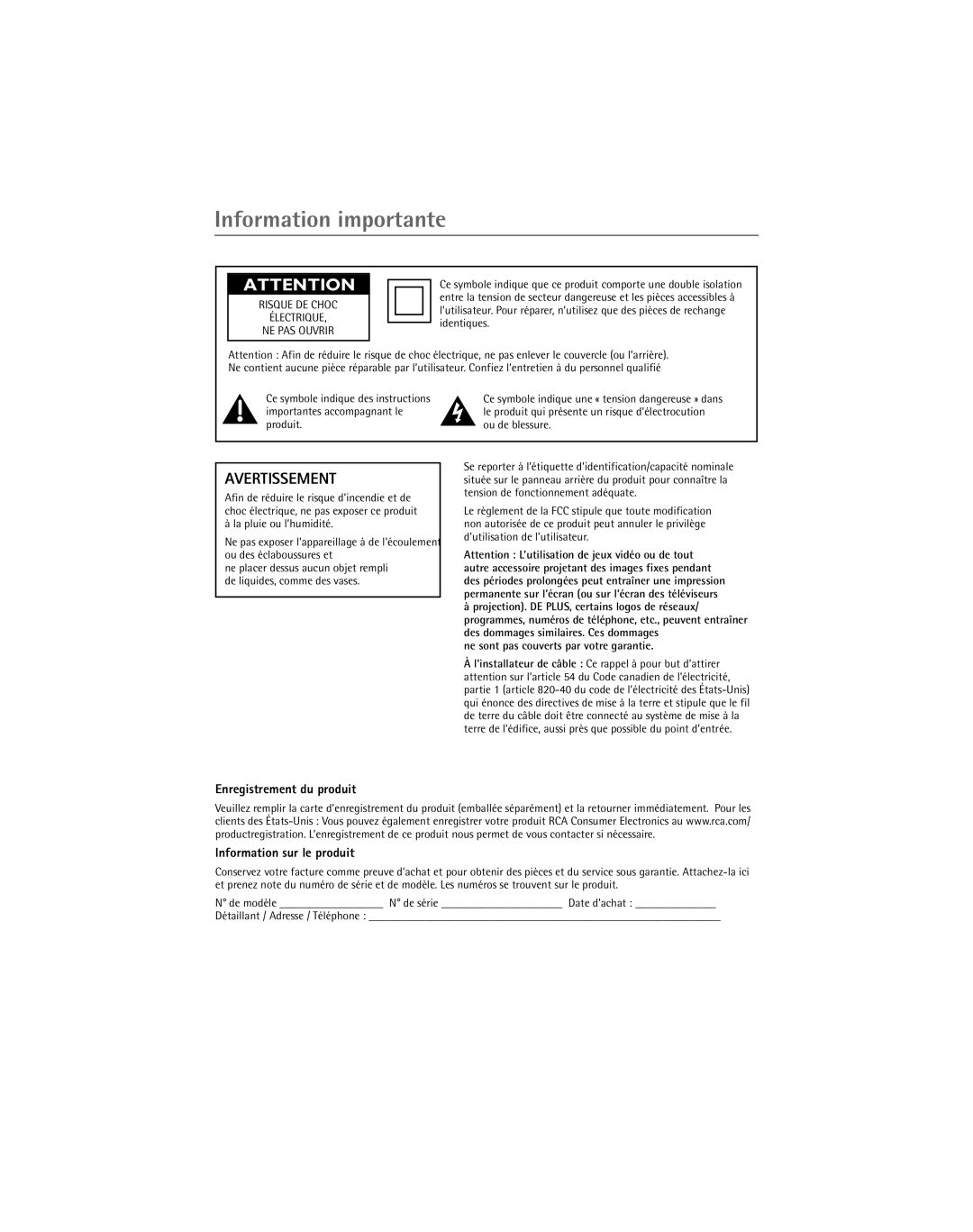 RCA 1616362B manual Information importante, Enregistrement du produit Information sur le produit, Ƒlectrique 