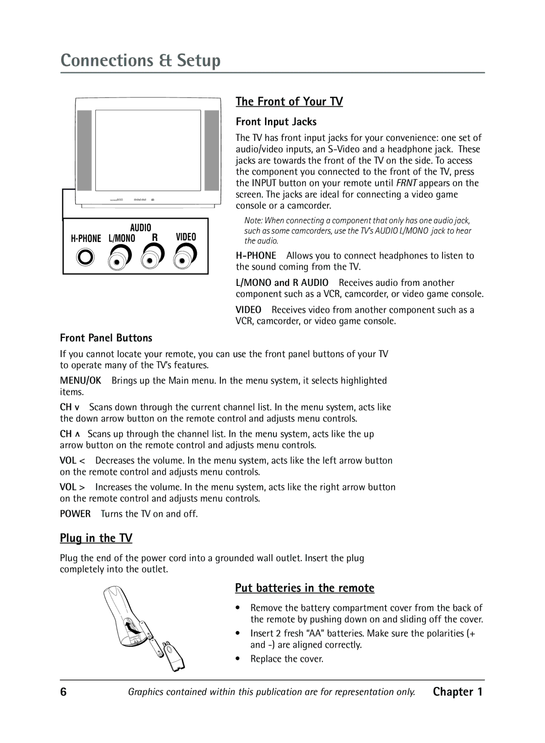 RCA 1616362B manual Front of Your TV, Plug in the TV, Put batteries in the remote, Front Panel Buttons, Front Input Jacks 