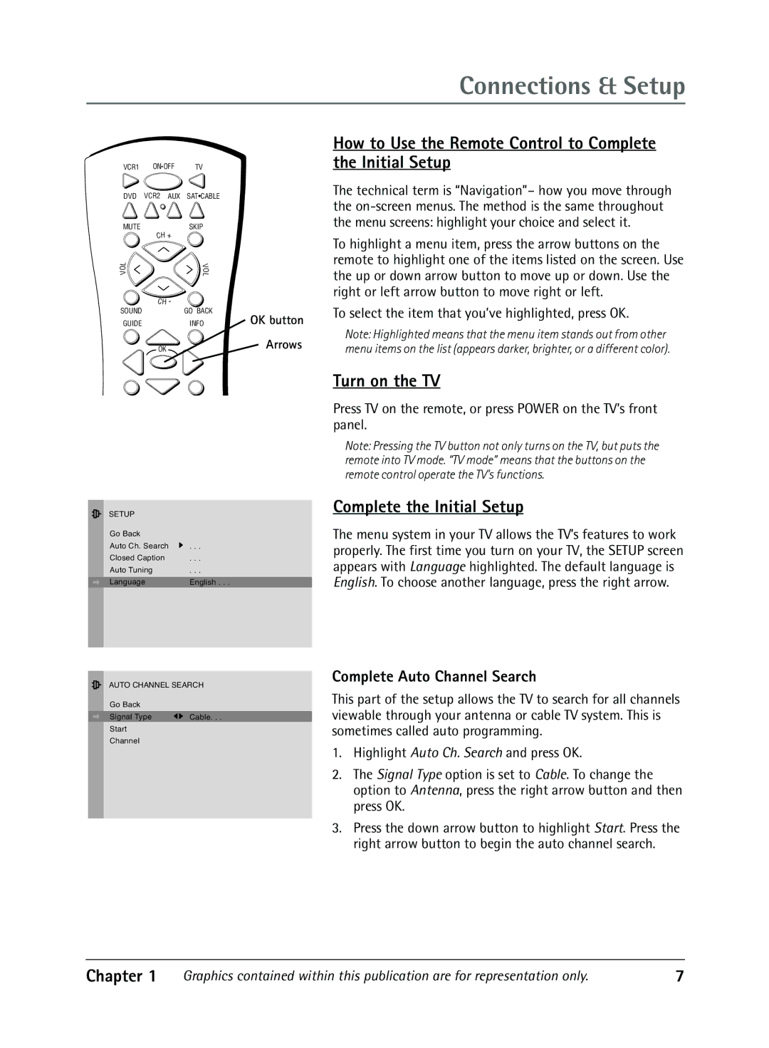 RCA 1616362B How to Use the Remote Control to Complete the Initial Setup, Turn on the TV, Complete Auto Channel Search 