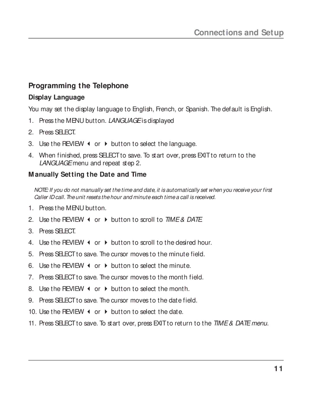 RCA 16211370 manual Programming the Telephone, Display Language, Manually Setting the Date and Time 