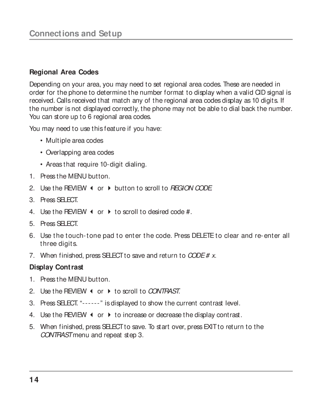 RCA 16211370 manual Regional Area Codes, Display Contrast 