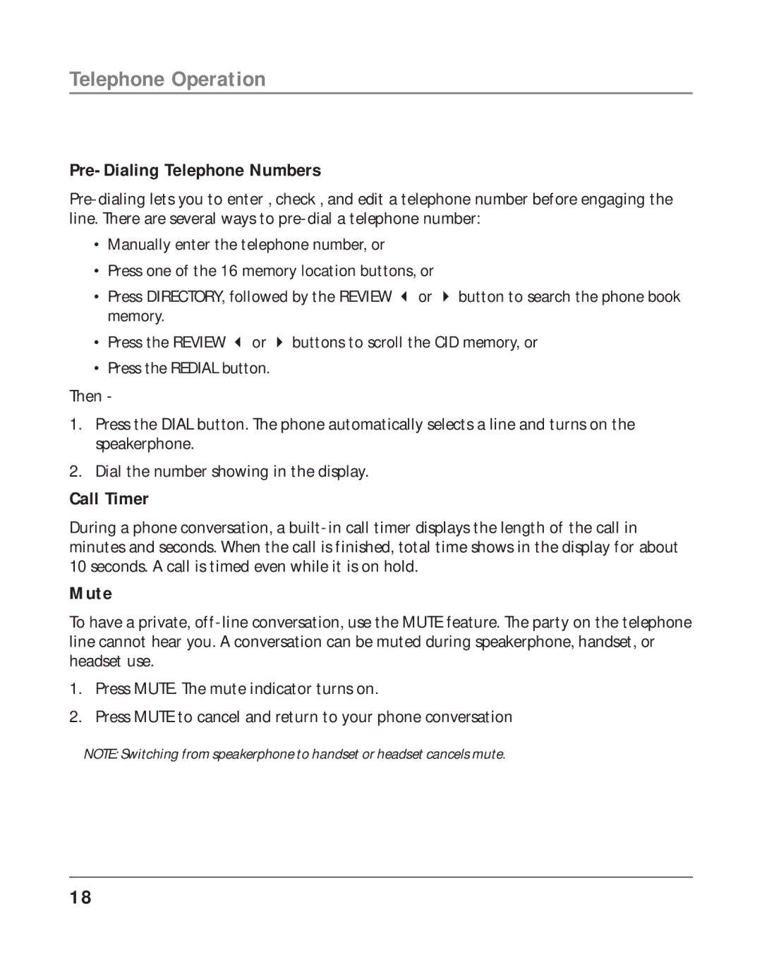 RCA 16211370 manual Pre-Dialing Telephone Numbers, Call Timer, Mute 