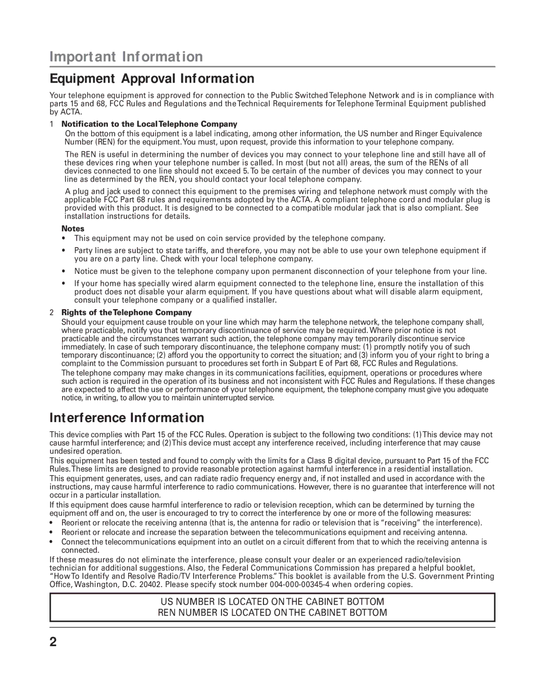 RCA 16211370 manual Important Information, Equipment Approval Information, Interference Information 