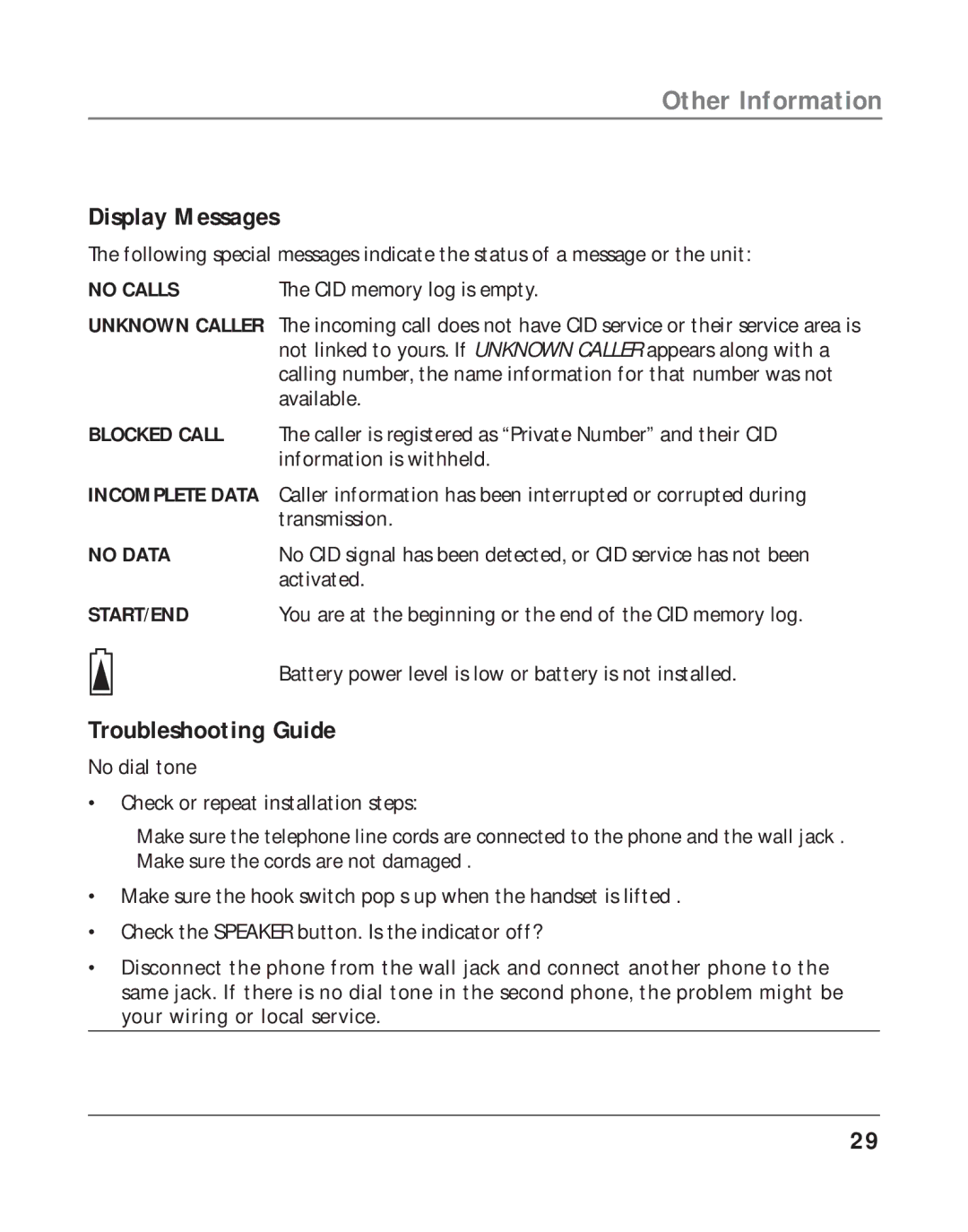 RCA 16211370 manual Other Information, Display Messages, Troubleshooting Guide 