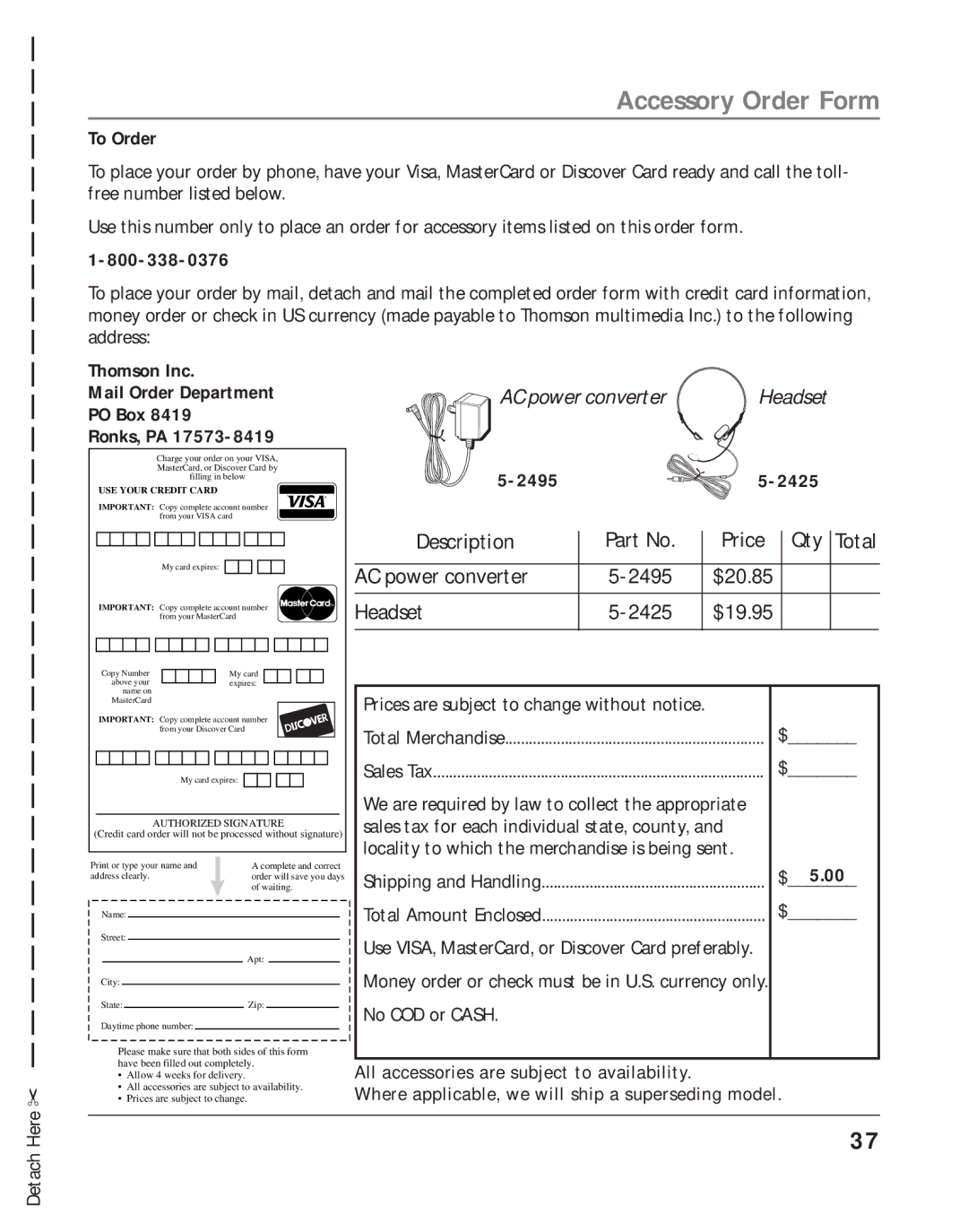 RCA 16211370 manual Accessory Order Form, To Order 