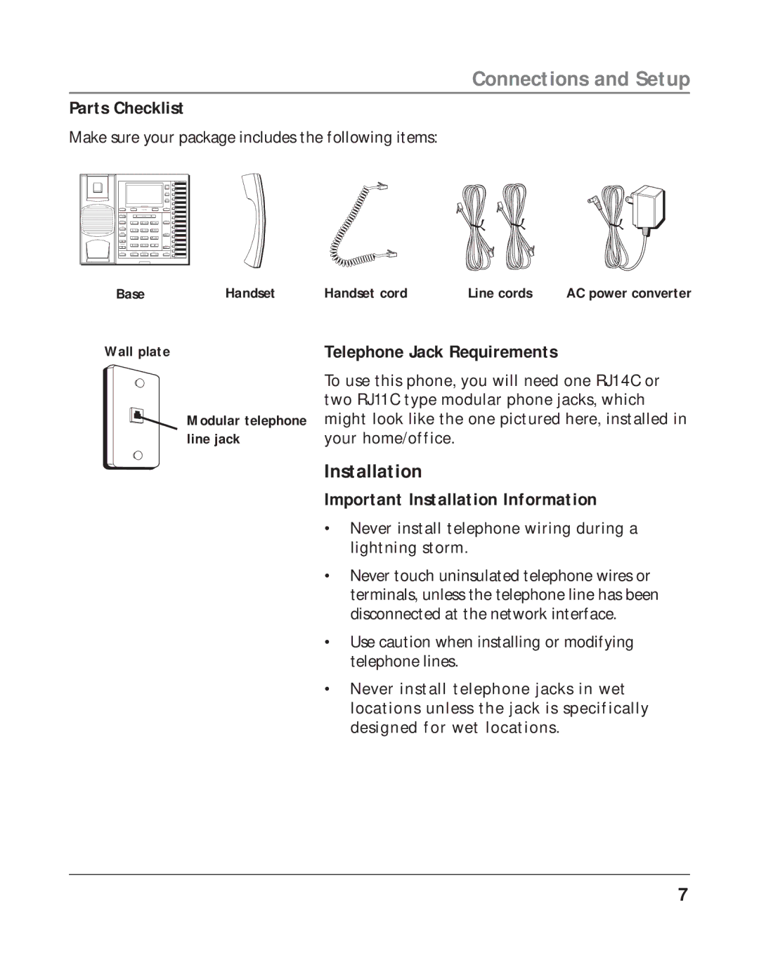 RCA 16211370 manual Parts Checklist, Wall plateTelephone Jack Requirements, Important Installation Information 