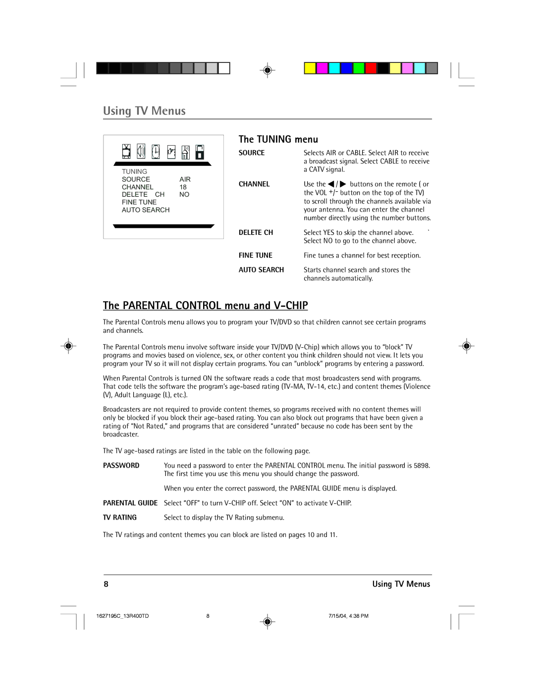 RCA 1627195C manual Parental Control menu and V-CHIP, Channels automatically 