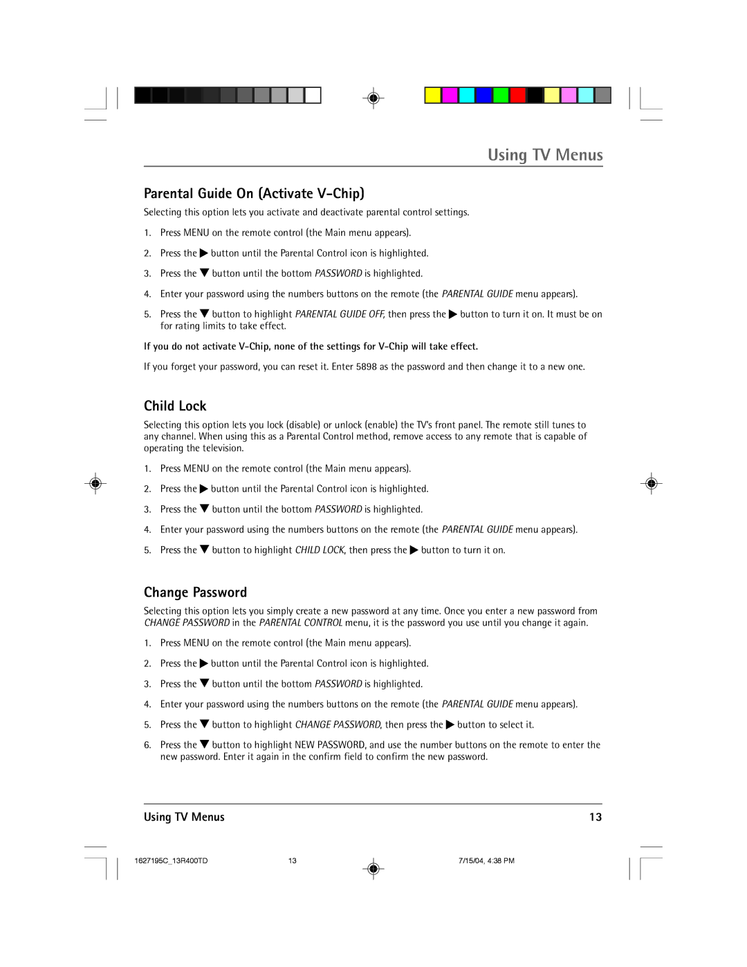 RCA 1627195C manual Parental Guide On Activate V-Chip, Child Lock, Change Password 