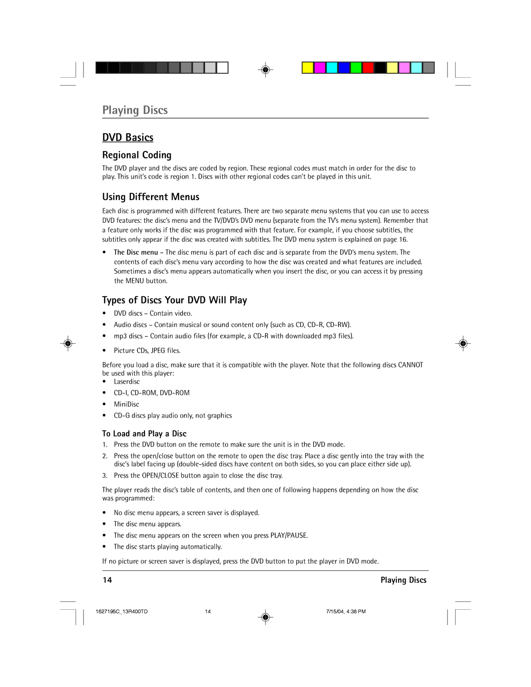 RCA 1627195C manual Playing Discs, DVD Basics, Regional Coding, Using Different Menus, Types of Discs Your DVD Will Play 