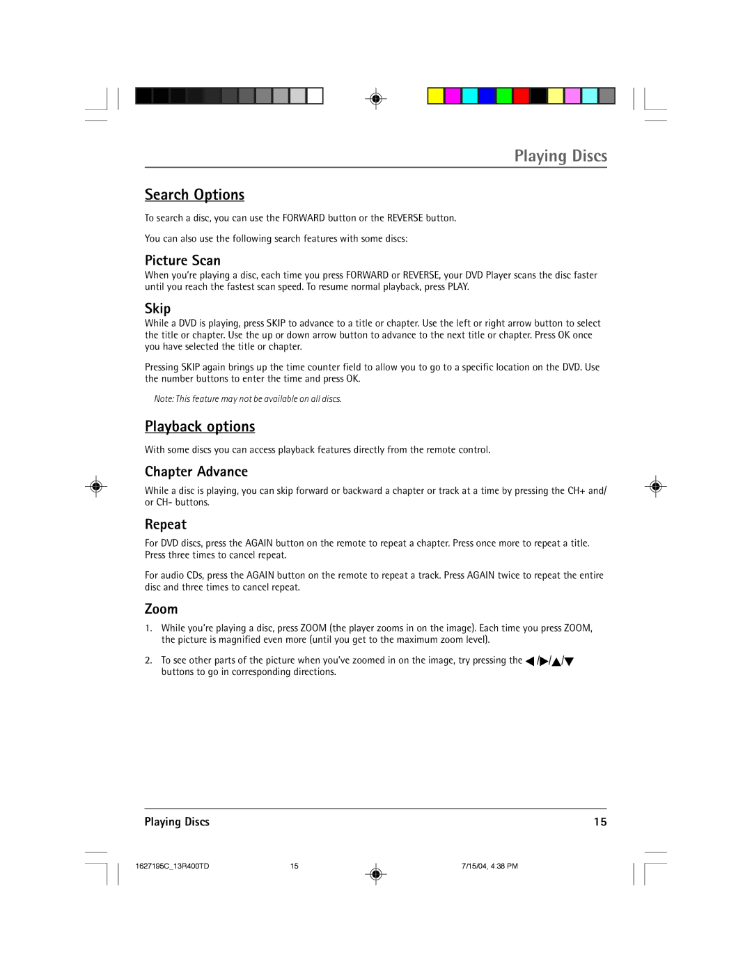 RCA 1627195C manual Search Options, Playback options 