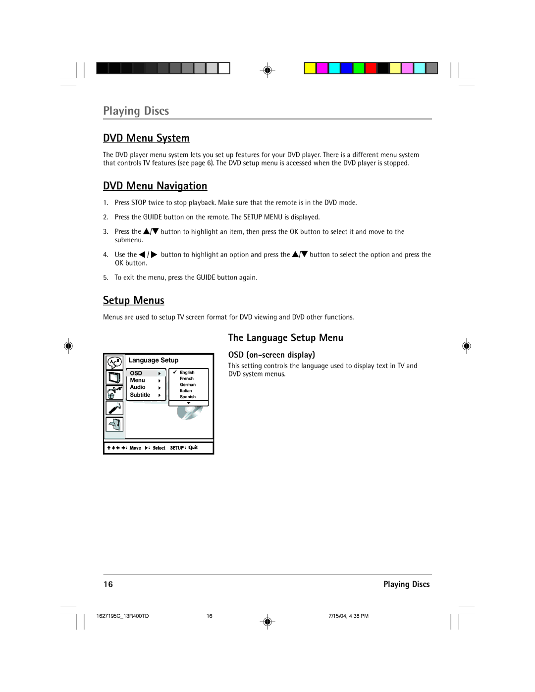 RCA 1627195C manual DVD Menu System, DVD Menu Navigation, Setup Menus, Language Setup Menu, OSD on-screen display 