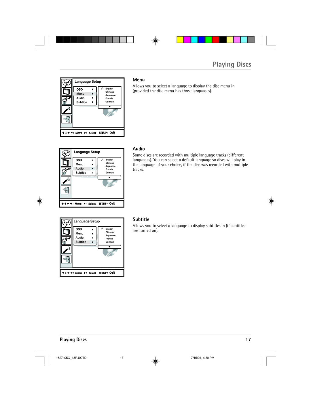 RCA 1627195C manual Menu, Audio, Subtitle 