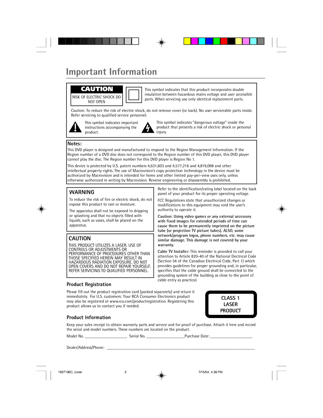 RCA 1627195C manual Product Registration, Product Information 