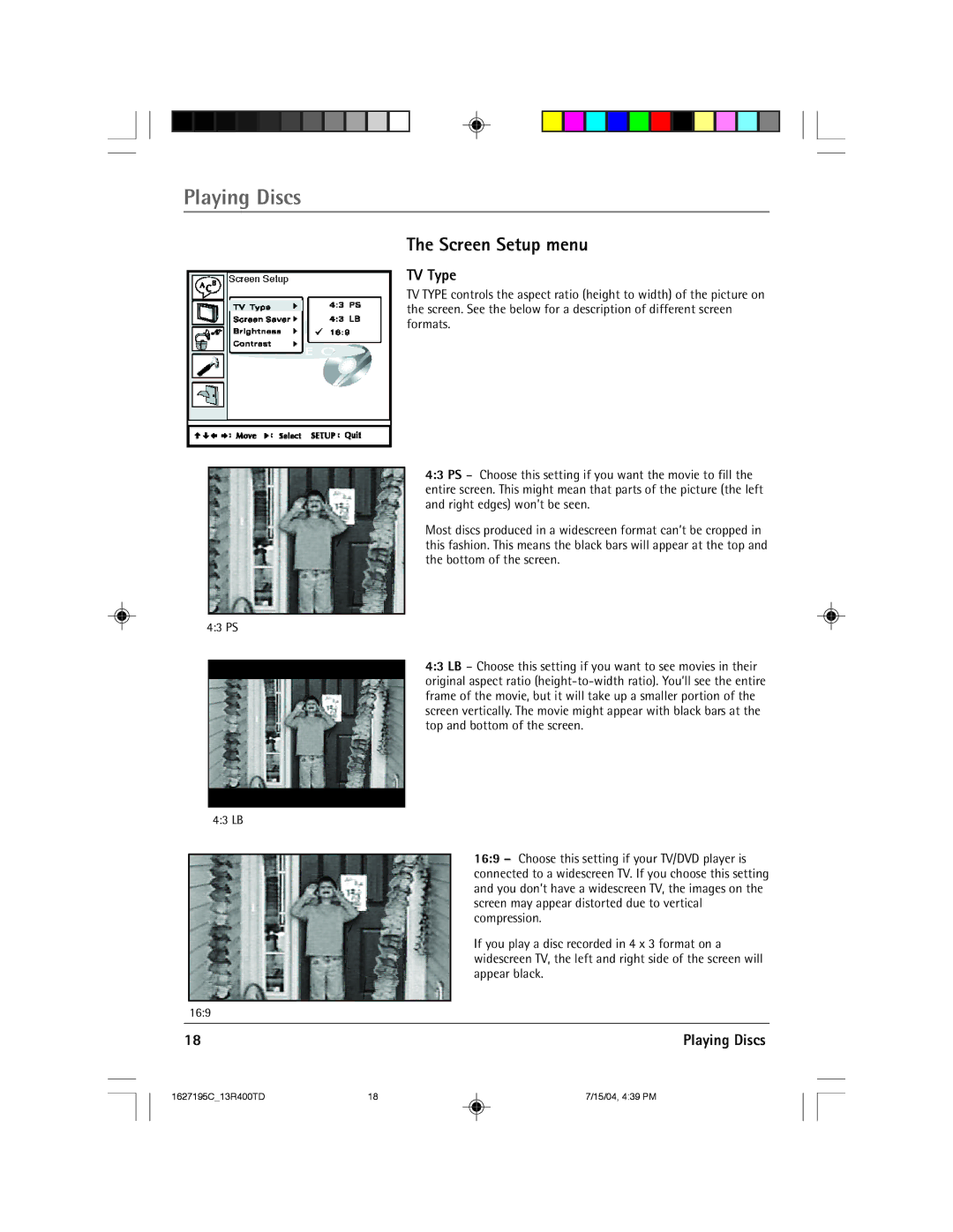 RCA 1627195C manual Screen Setup menu, TV Type 