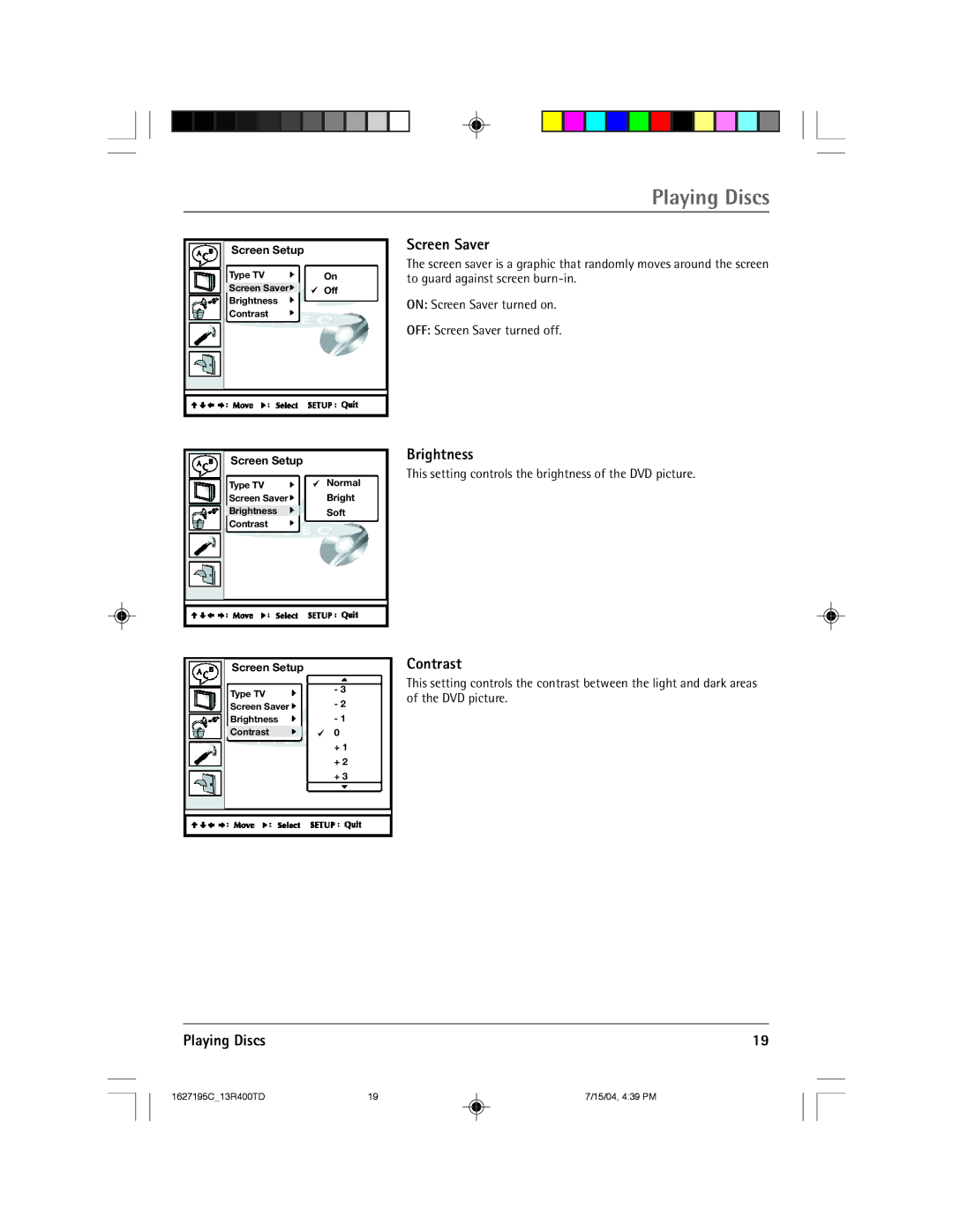 RCA 1627195C manual Screen Saver, Brightness, Contrast 