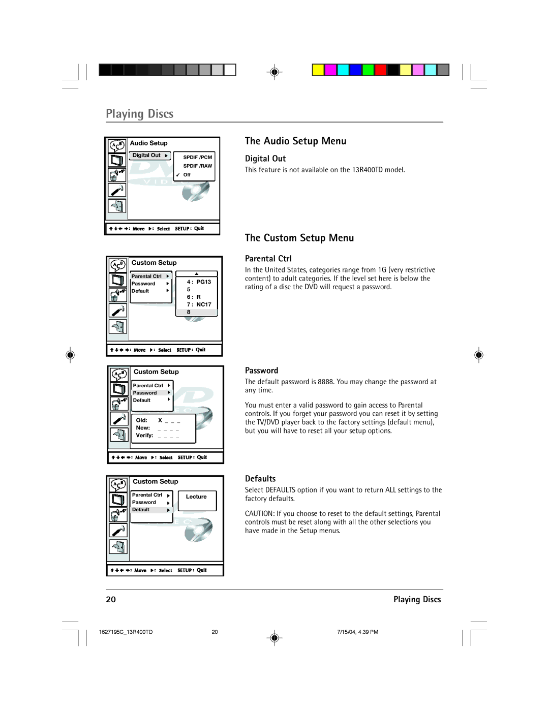 RCA 1627195C manual Audio Setup Menu, Custom Setup Menu 