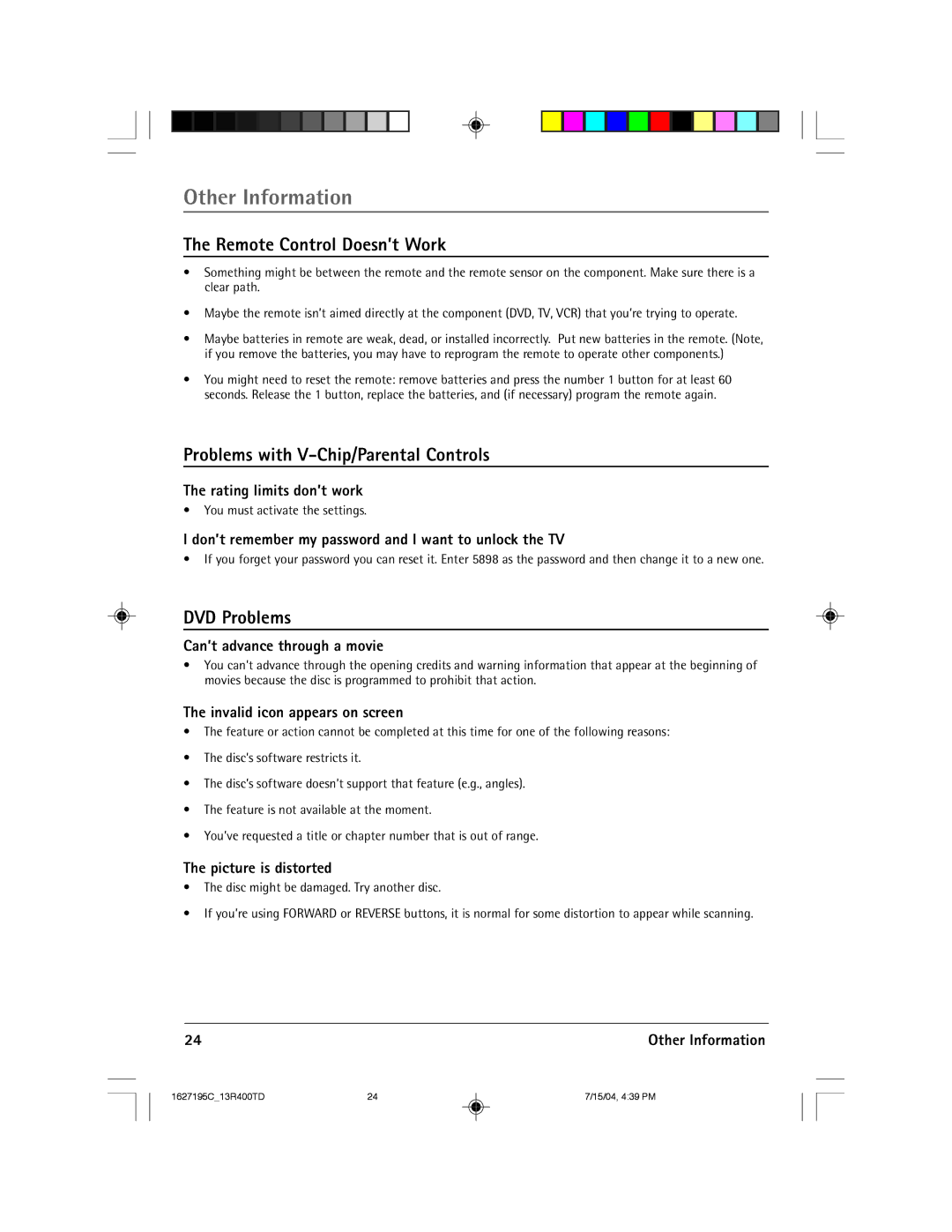 RCA 1627195C manual Other Information, Remote Control Doesn’t Work, Problems with V-Chip/Parental Controls, DVD Problems 