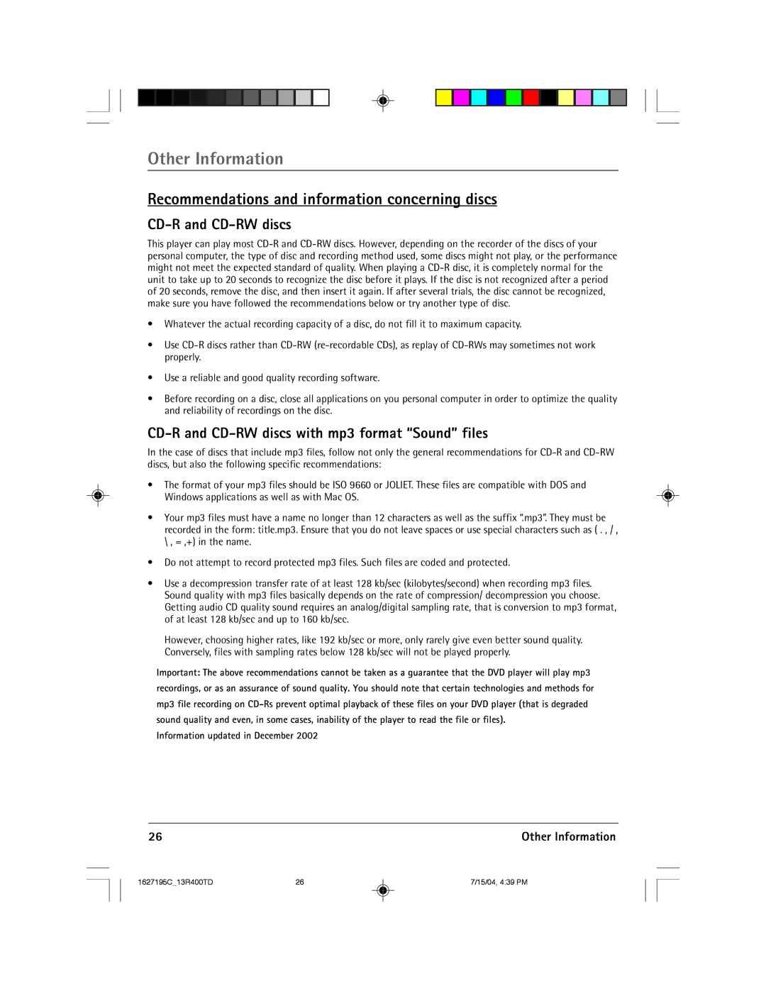 RCA 1627195C manual Recommendations and information concerning discs, CD-R and CD-RW discs, Information updated in December 