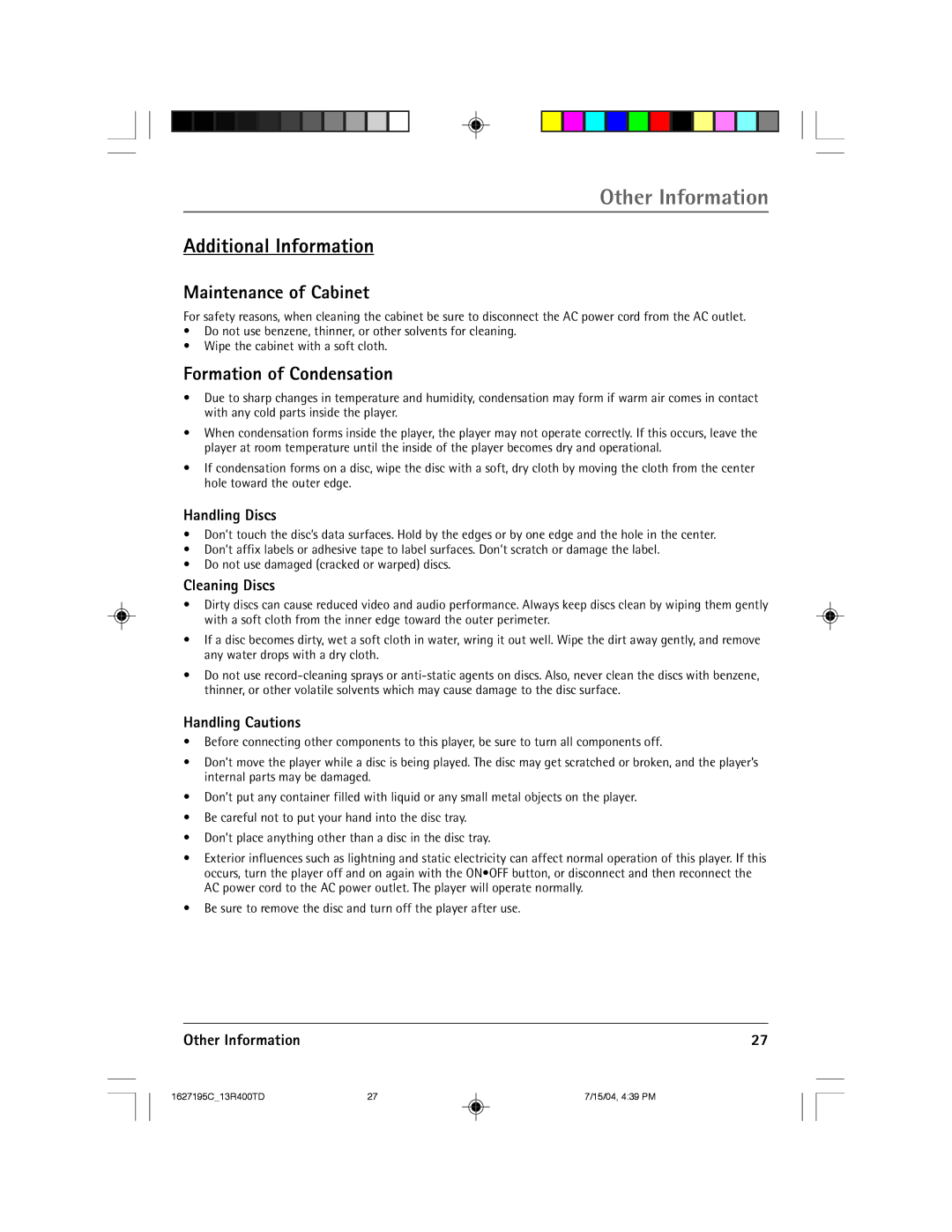 RCA 1627195C manual Additional Information, Maintenance of Cabinet, Formation of Condensation 