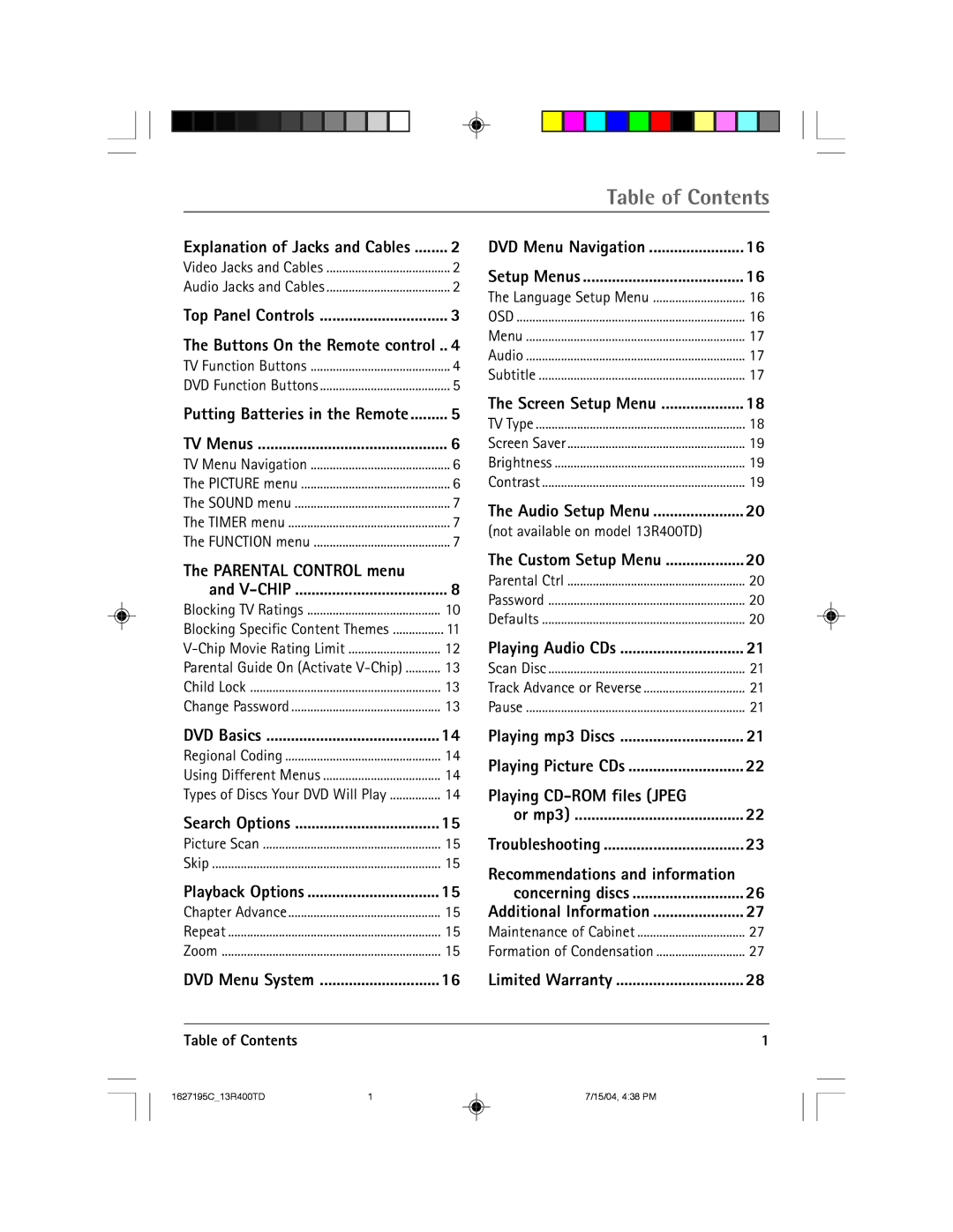 RCA 1627195C manual Table of Contents 