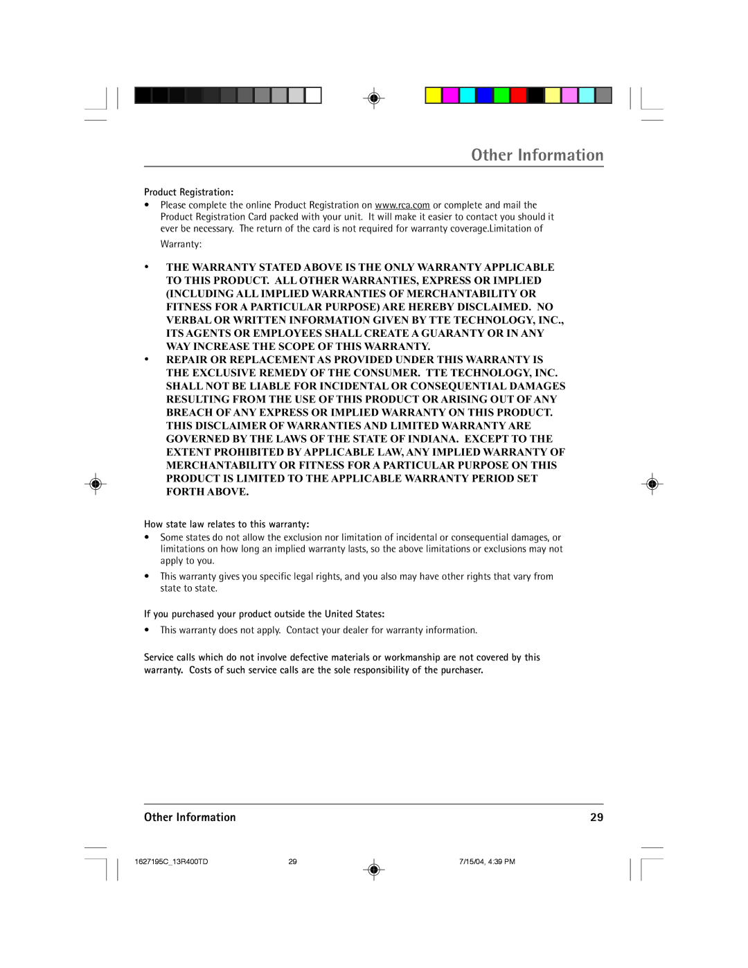 RCA 1627195C manual Product Registration, How state law relates to this warranty 