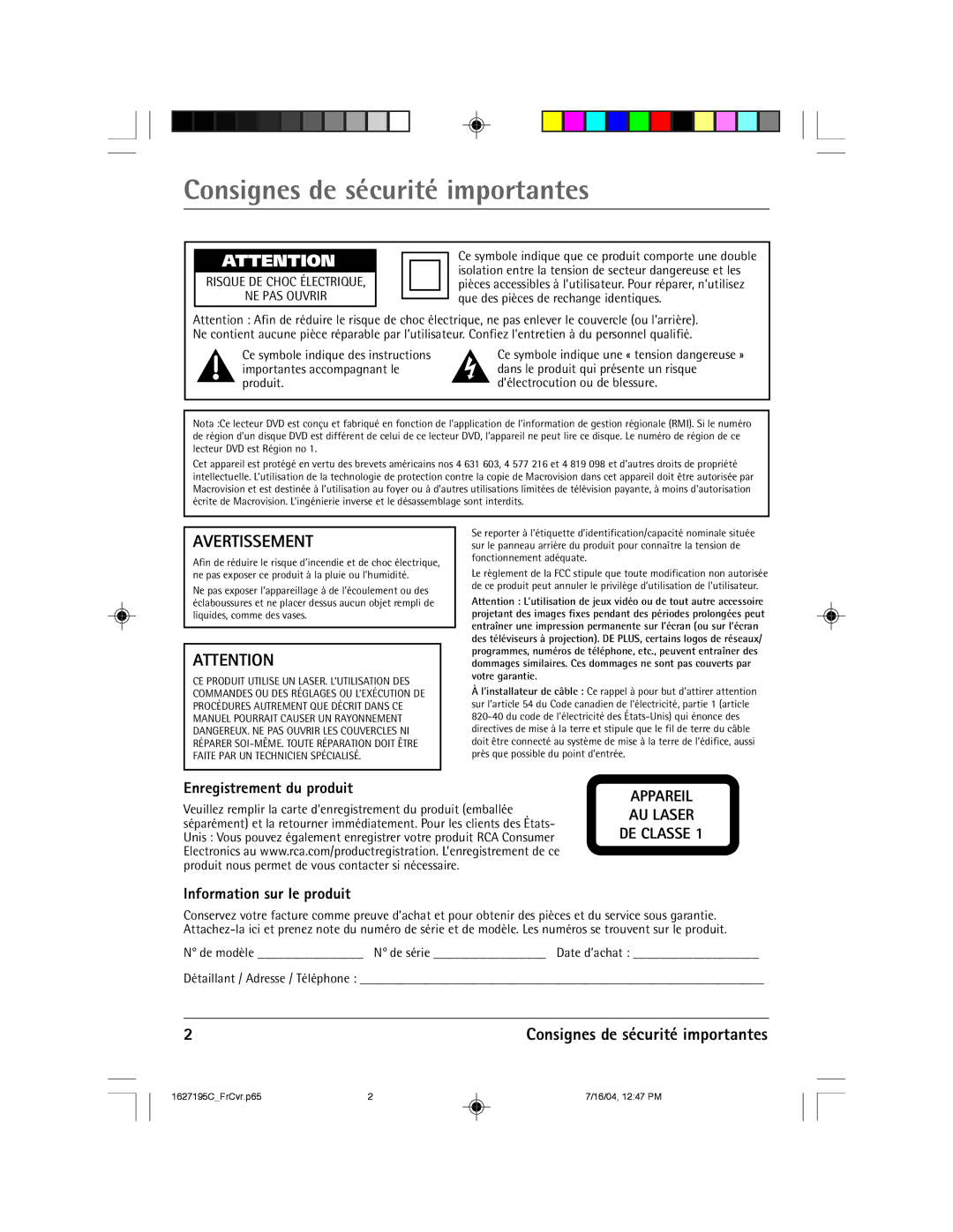 RCA 1627195C manual Enregistrement du produit, Information sur le produit 