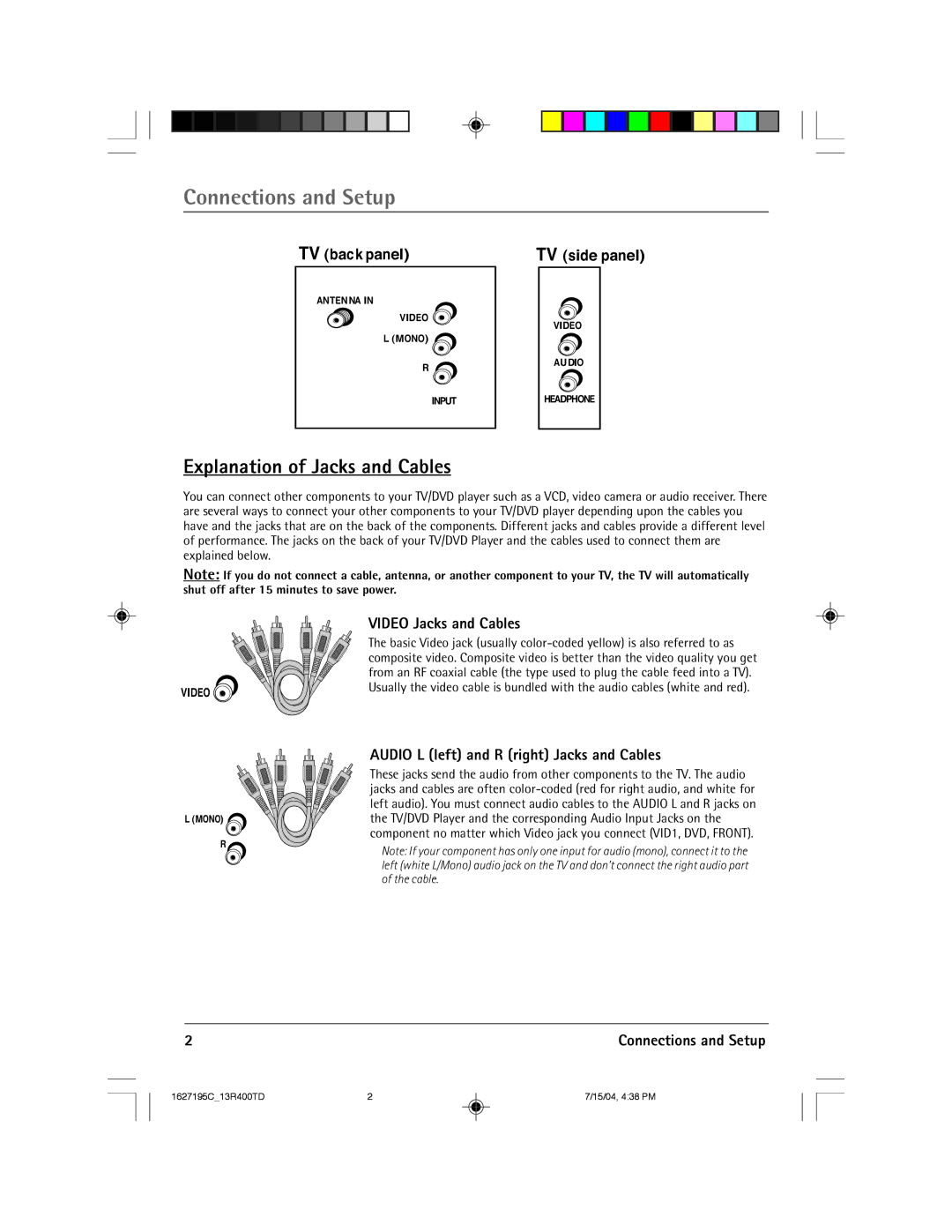 RCA 1627195C manual Connections and Setup, Explanation of Jacks and Cables, Video Jacks and Cables 